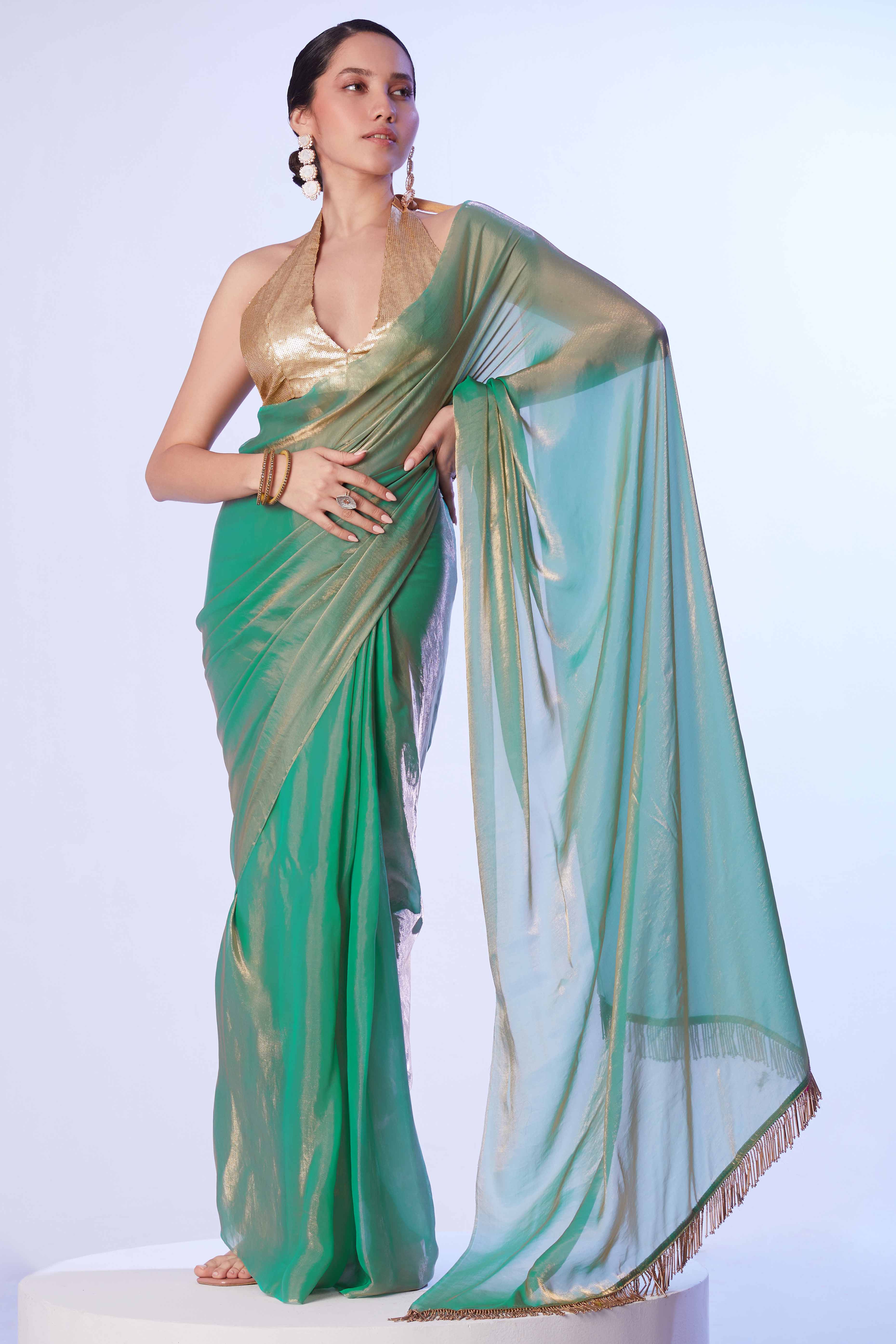 Green Satin Embroidered Solid Saree Adorned with Beads & Stones