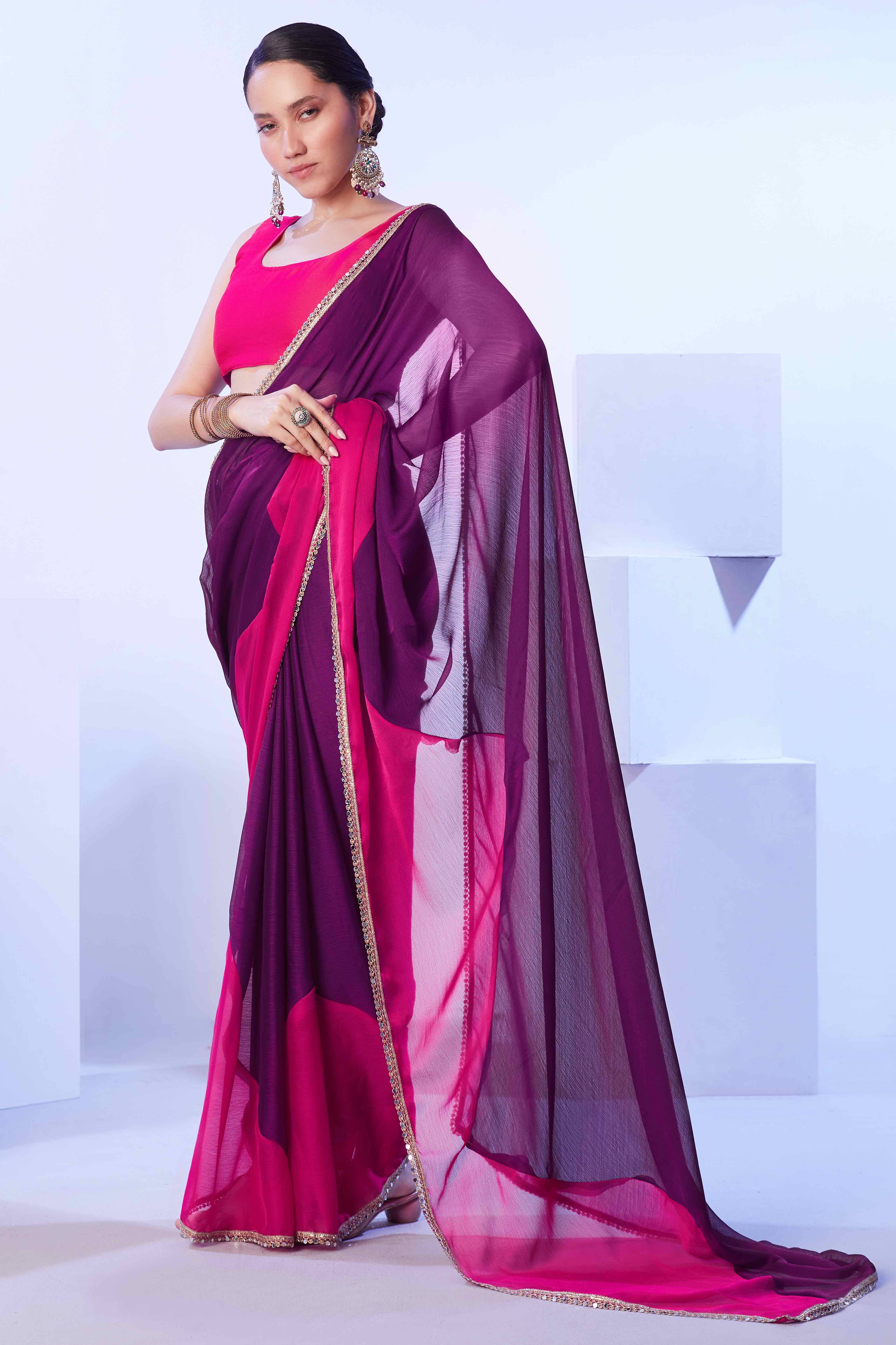 Purple & Pink Satin solid Saree Adorned with Ombre Pattern
