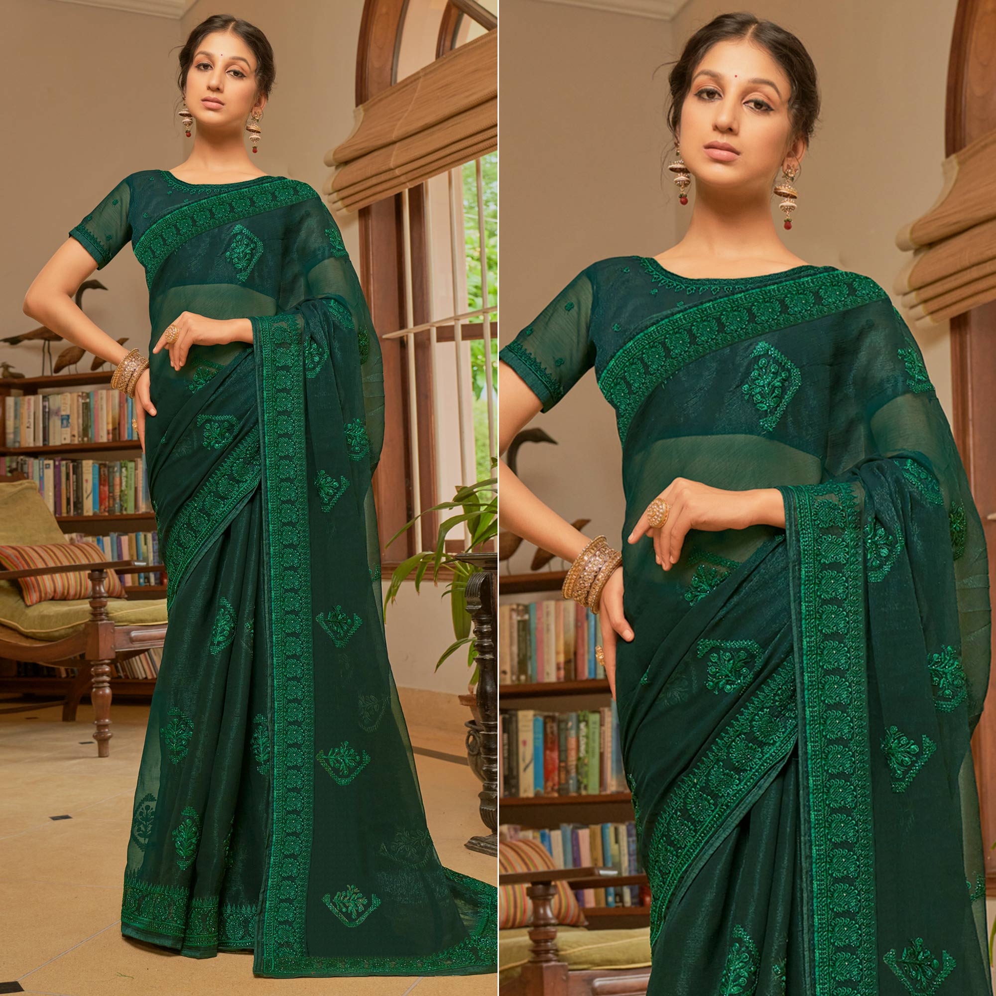 Bottle Green Embroidered Georgette Saree