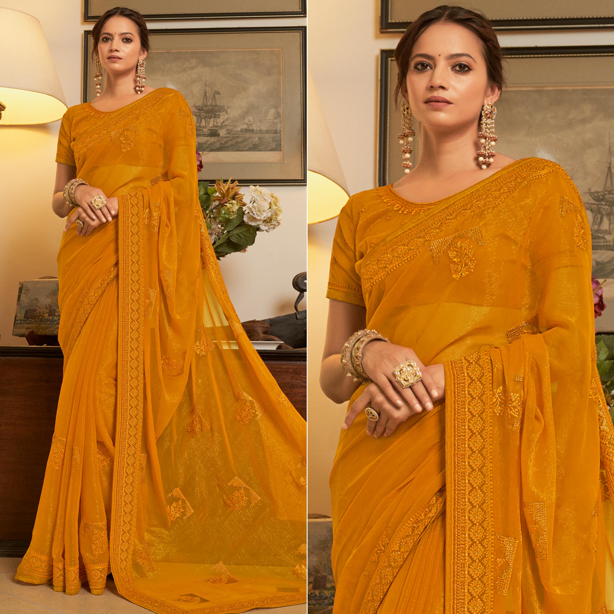 Mustard Embroidered Georgette Saree