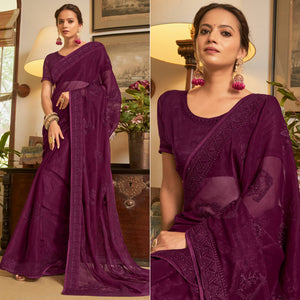 Wine Embroidered Georgette Saree