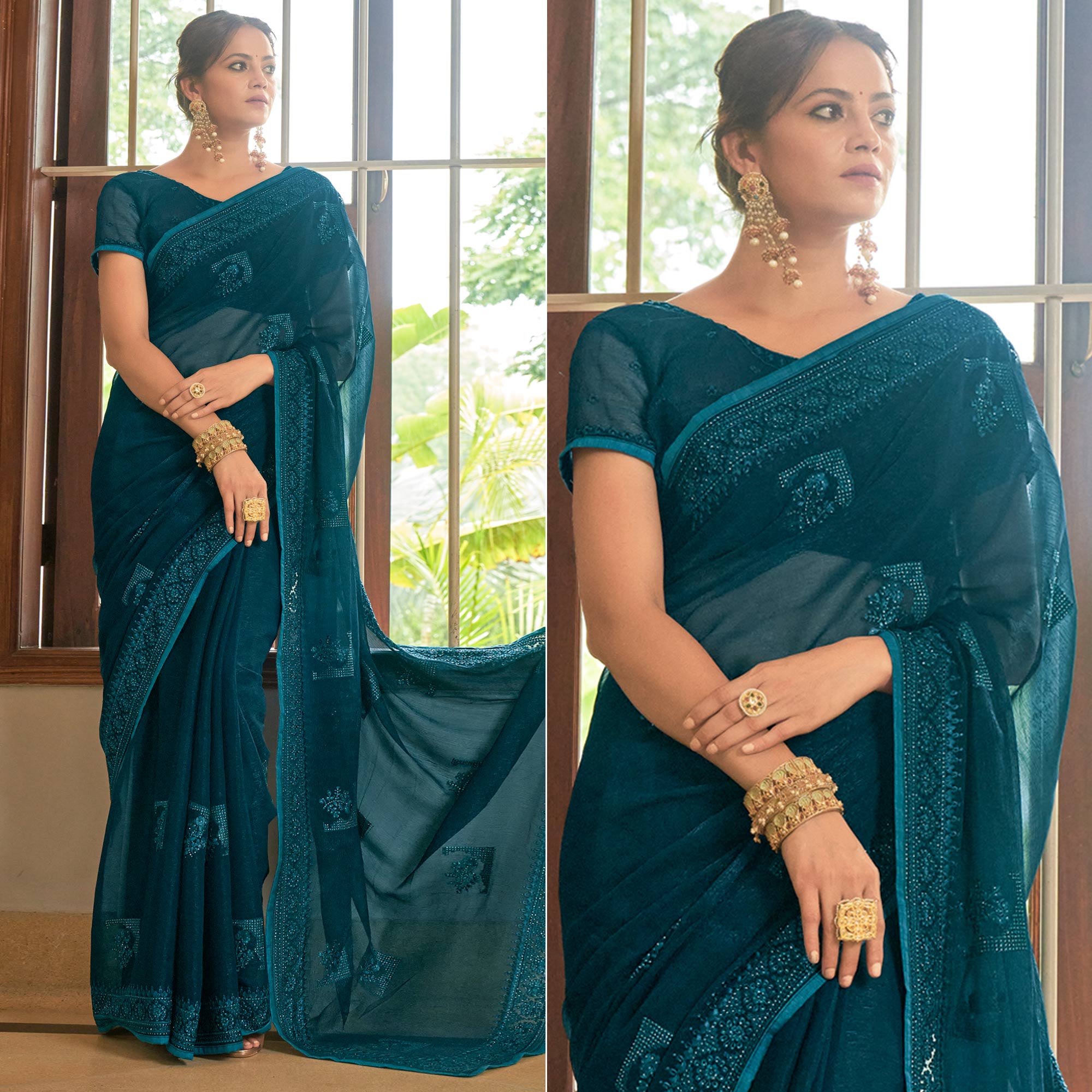 Teal Blue Embroidered Georgette Saree
