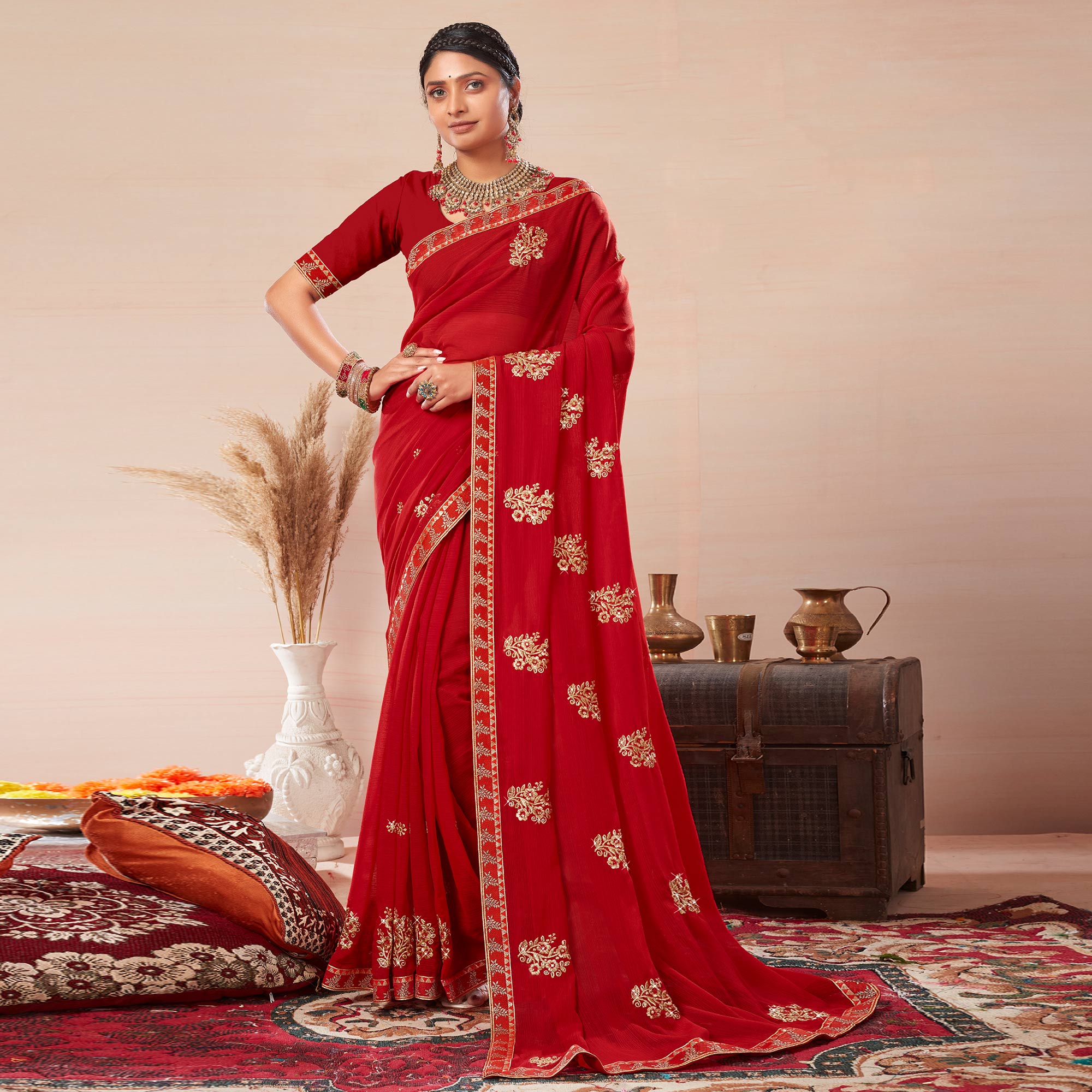 Red Floral Embroidered Georgette Saree