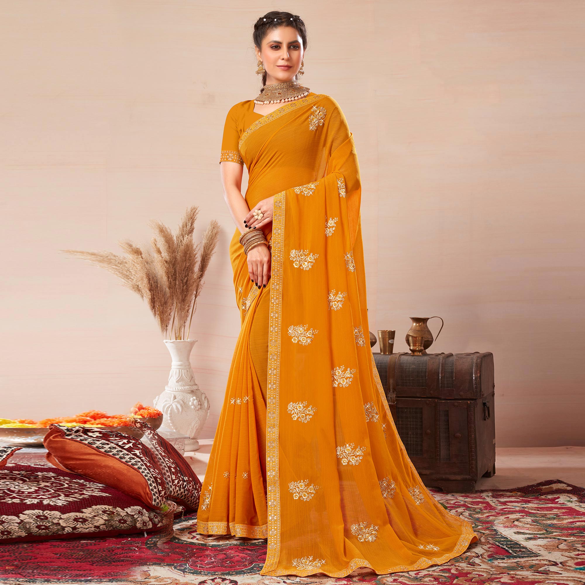 Yellow Floral Embroidered Georgette Saree