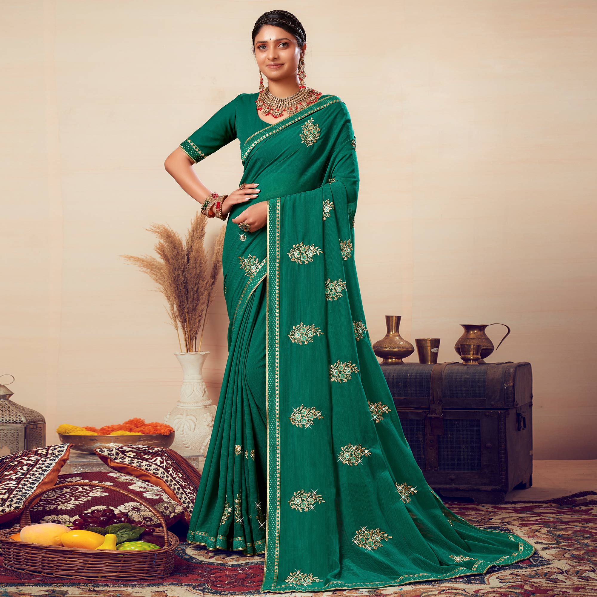 Green Floral Embroidered Georgette Saree