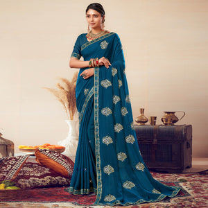 Blue Floral Embroidered Georgette Saree