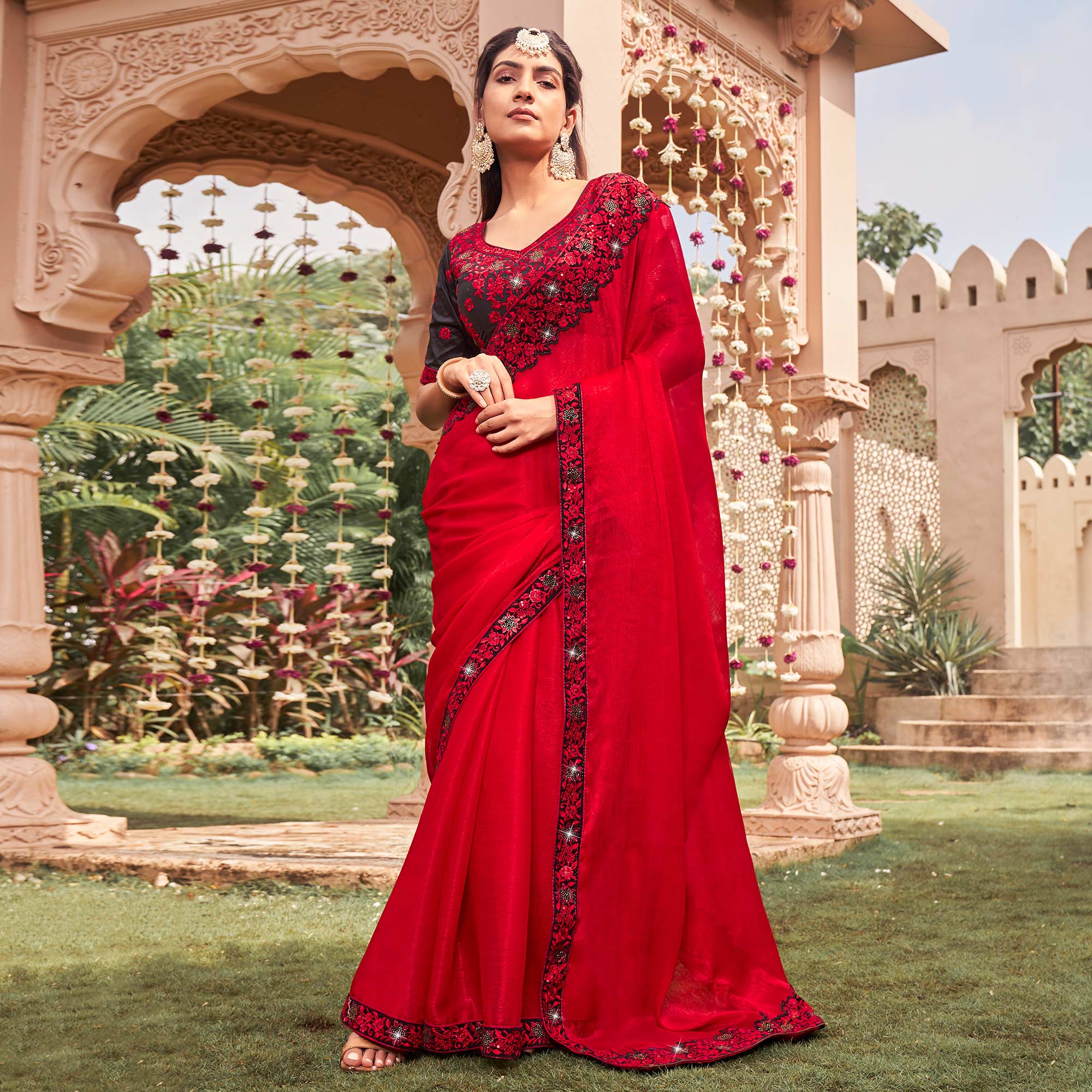 Red Solid With Embroidered Border Chiffon Saree