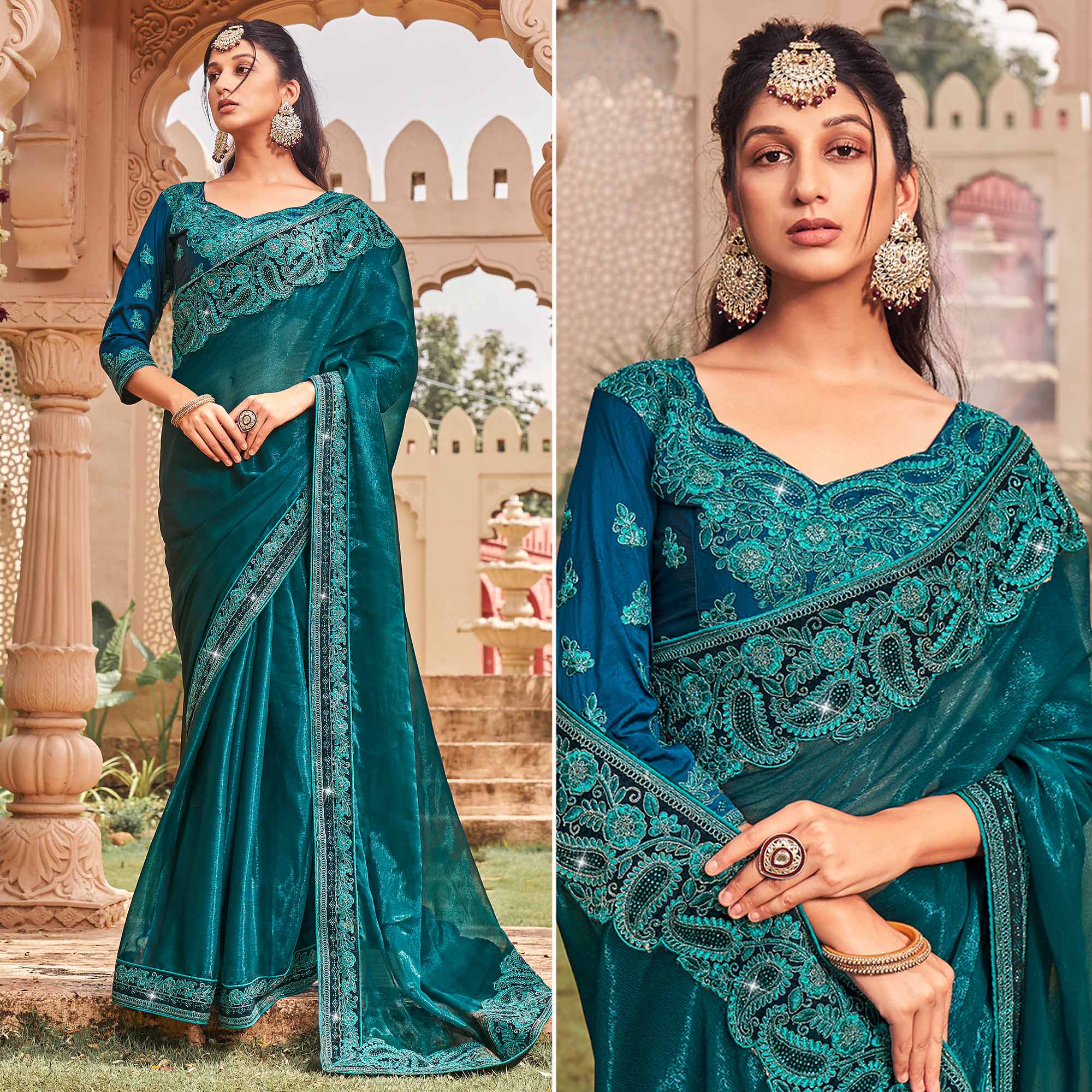 Teal Solid With Embroidered Border Chiffon Saree