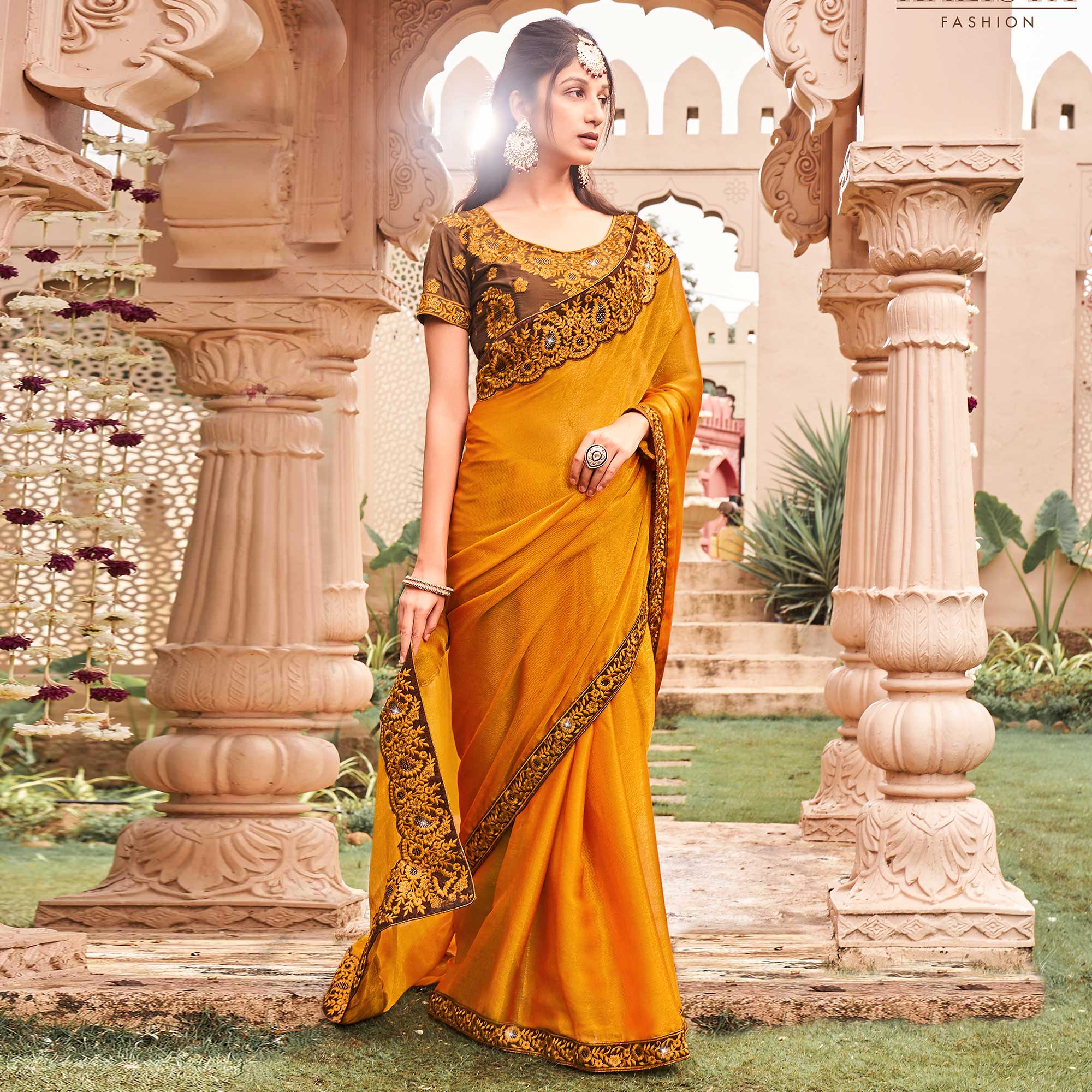 Mustard Solid With Embroidered Border Chiffon Saree