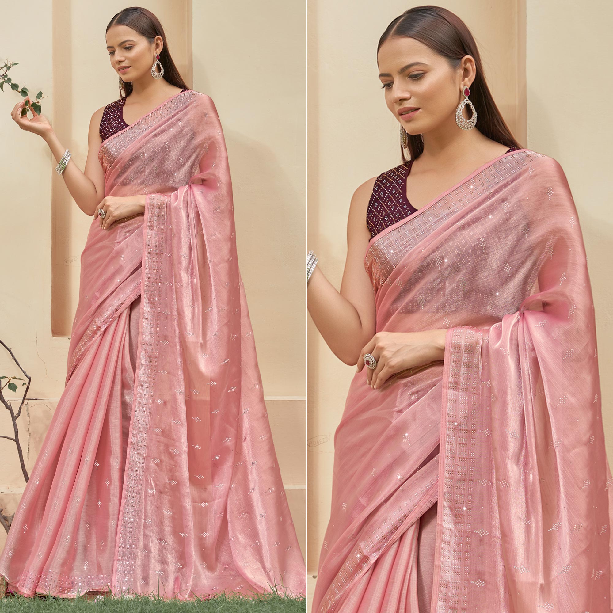 Peach Embroidered Tissue Saree