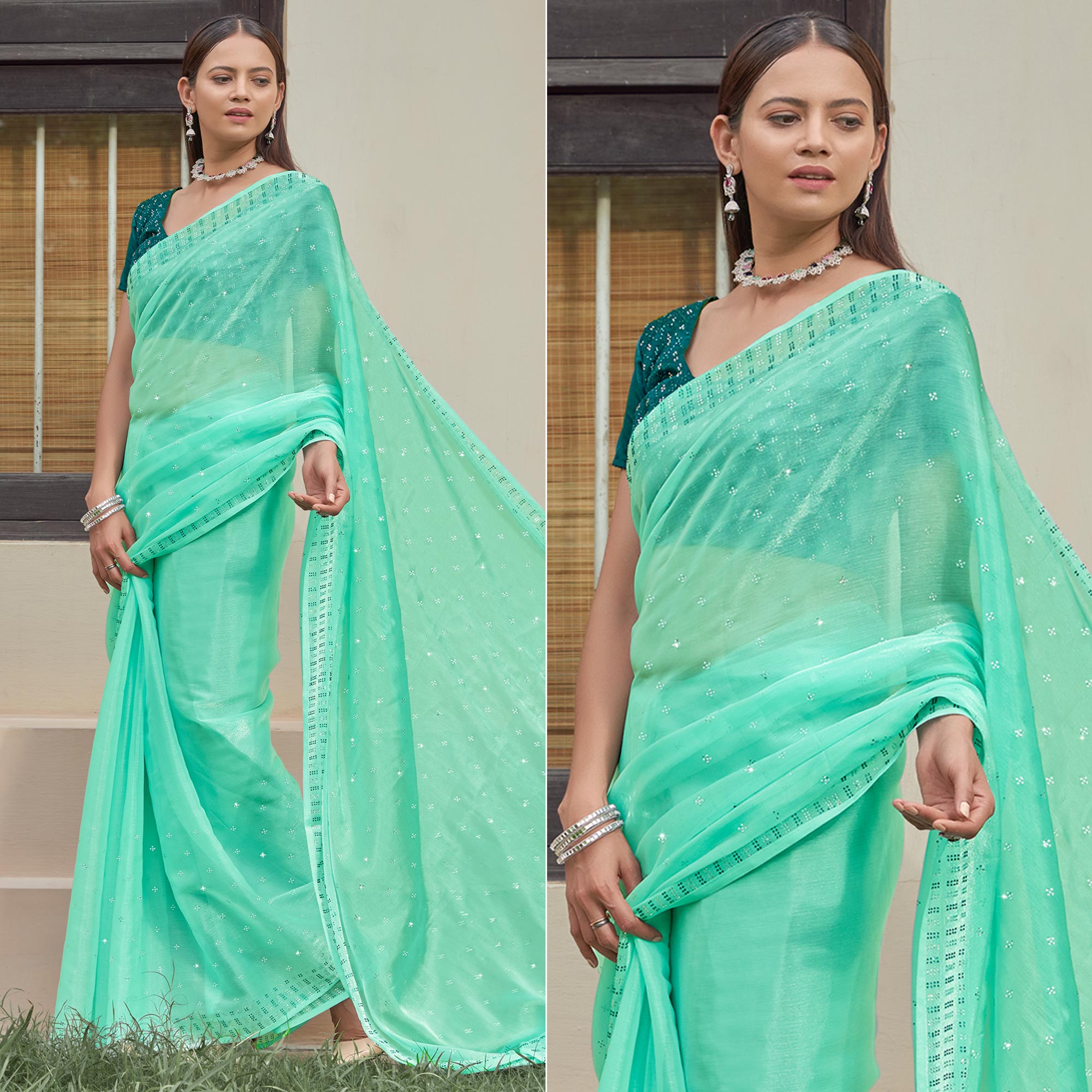 Turquoise Embroidered Tissue Saree