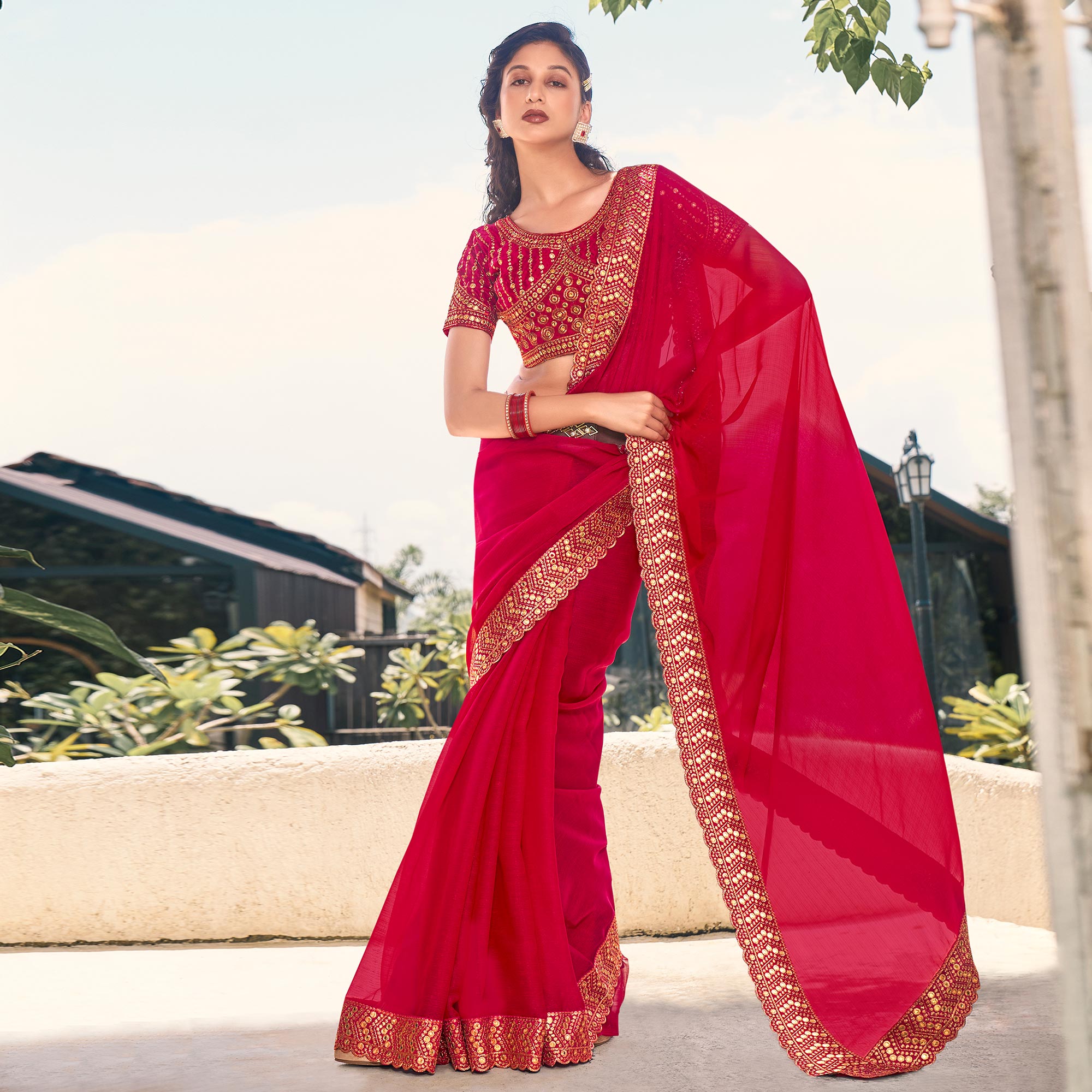 Pink Solid With Embroidered Border Georgette Saree