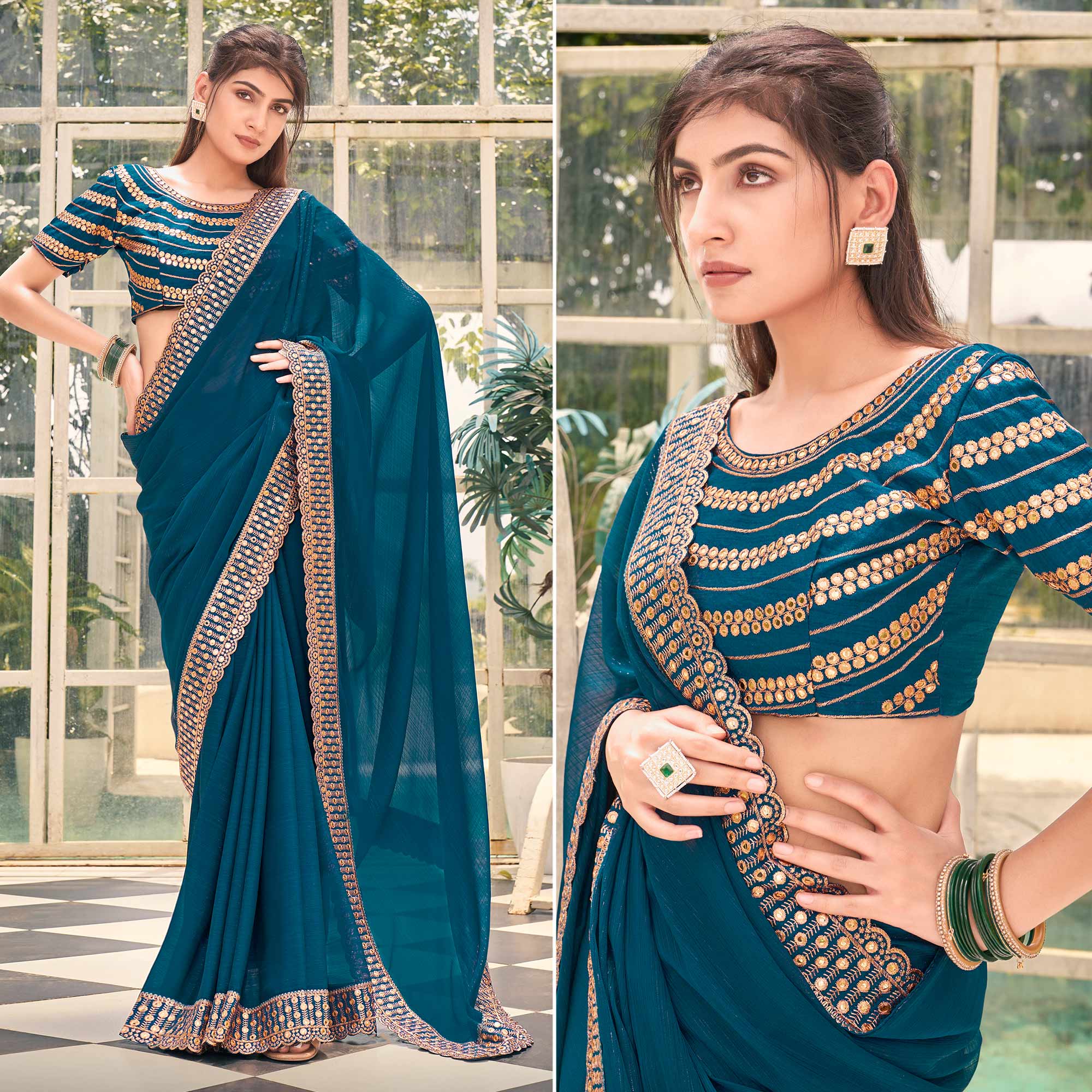 Teal Solid With Embroidered Border Georgette Saree