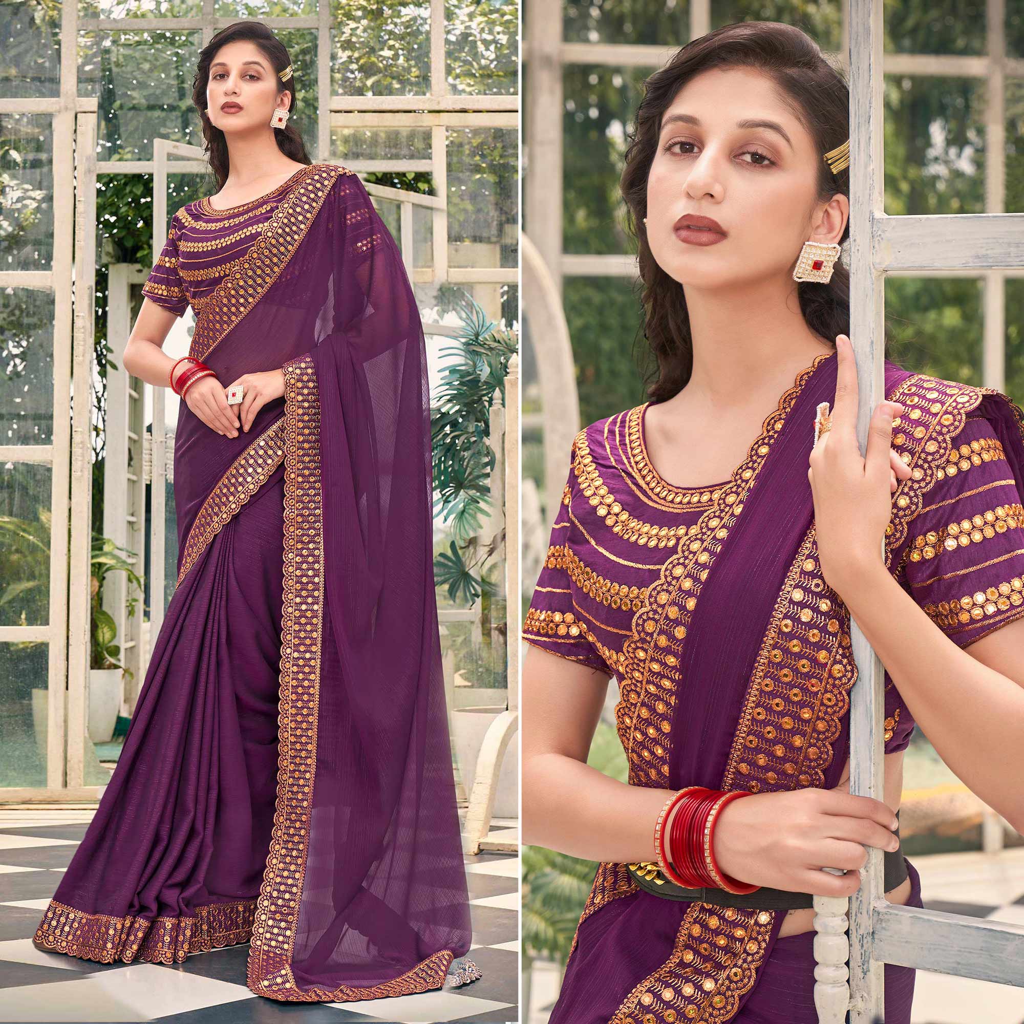 Purple Solid With Embroidered Border Georgette Saree