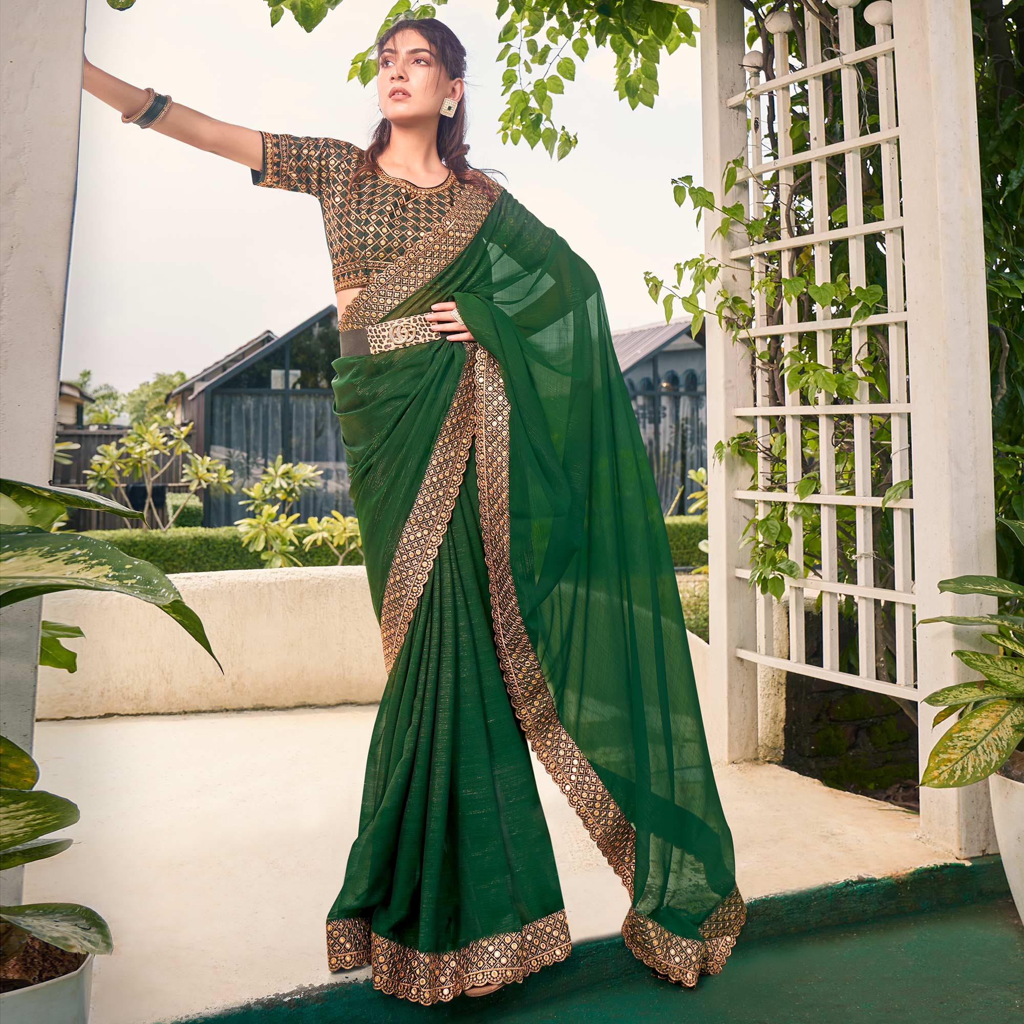 Green Solid With Embroidered Border Georgette Saree