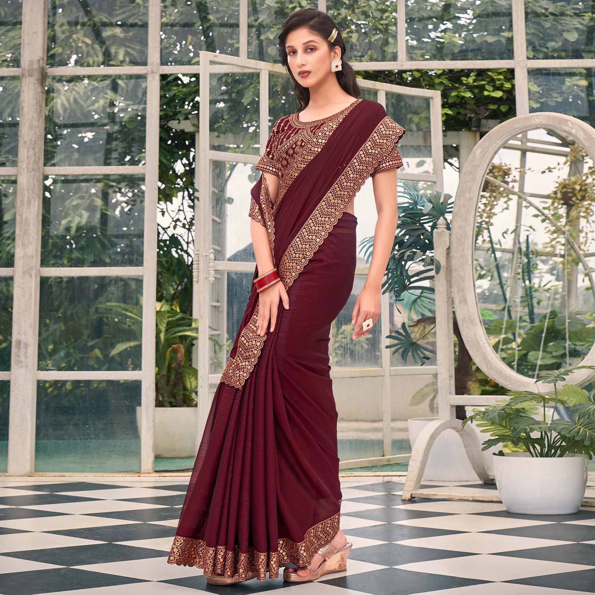 Brown Solid With Embroidered Border Georgette Saree