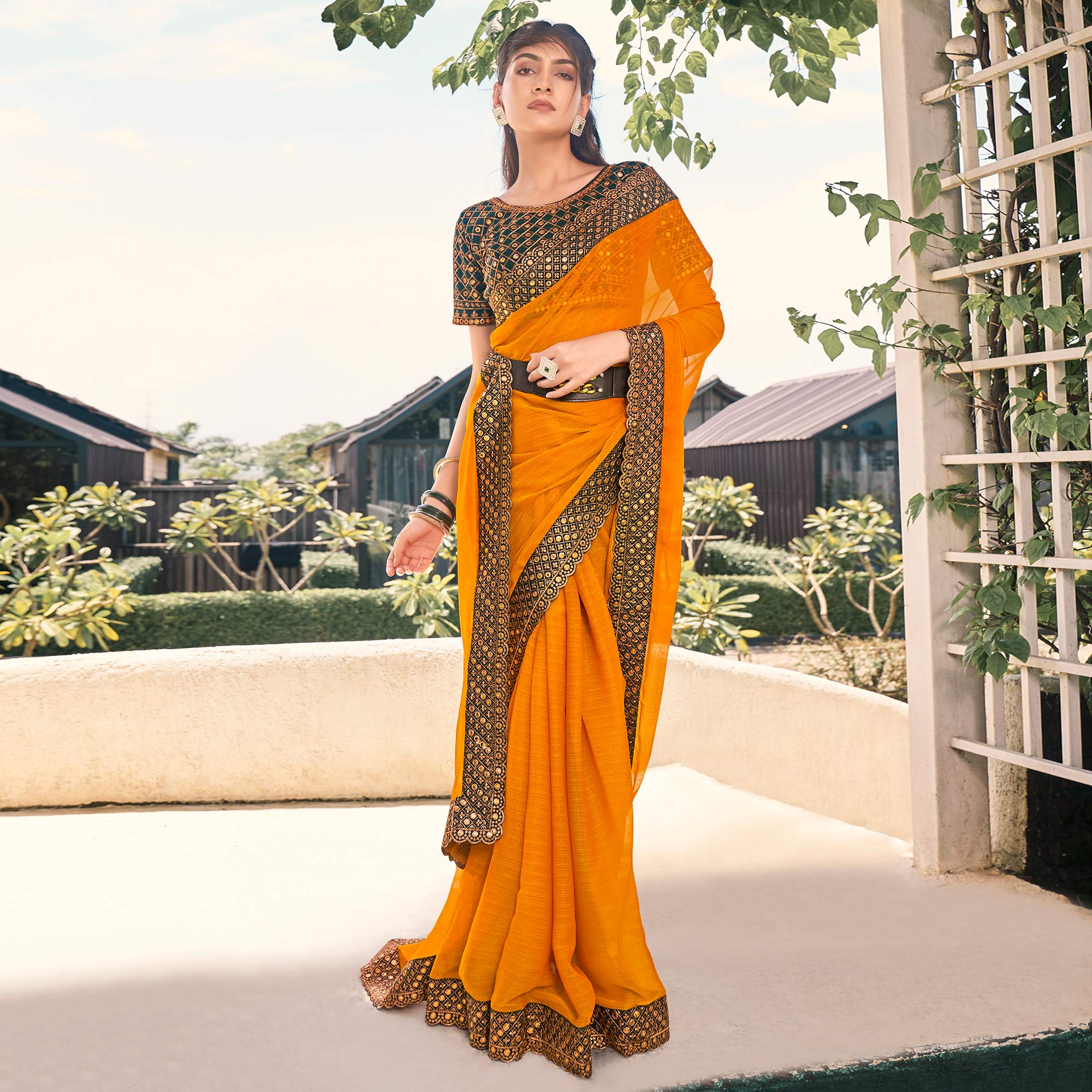 Mustard Solid With Embroidered Border Georgette Saree