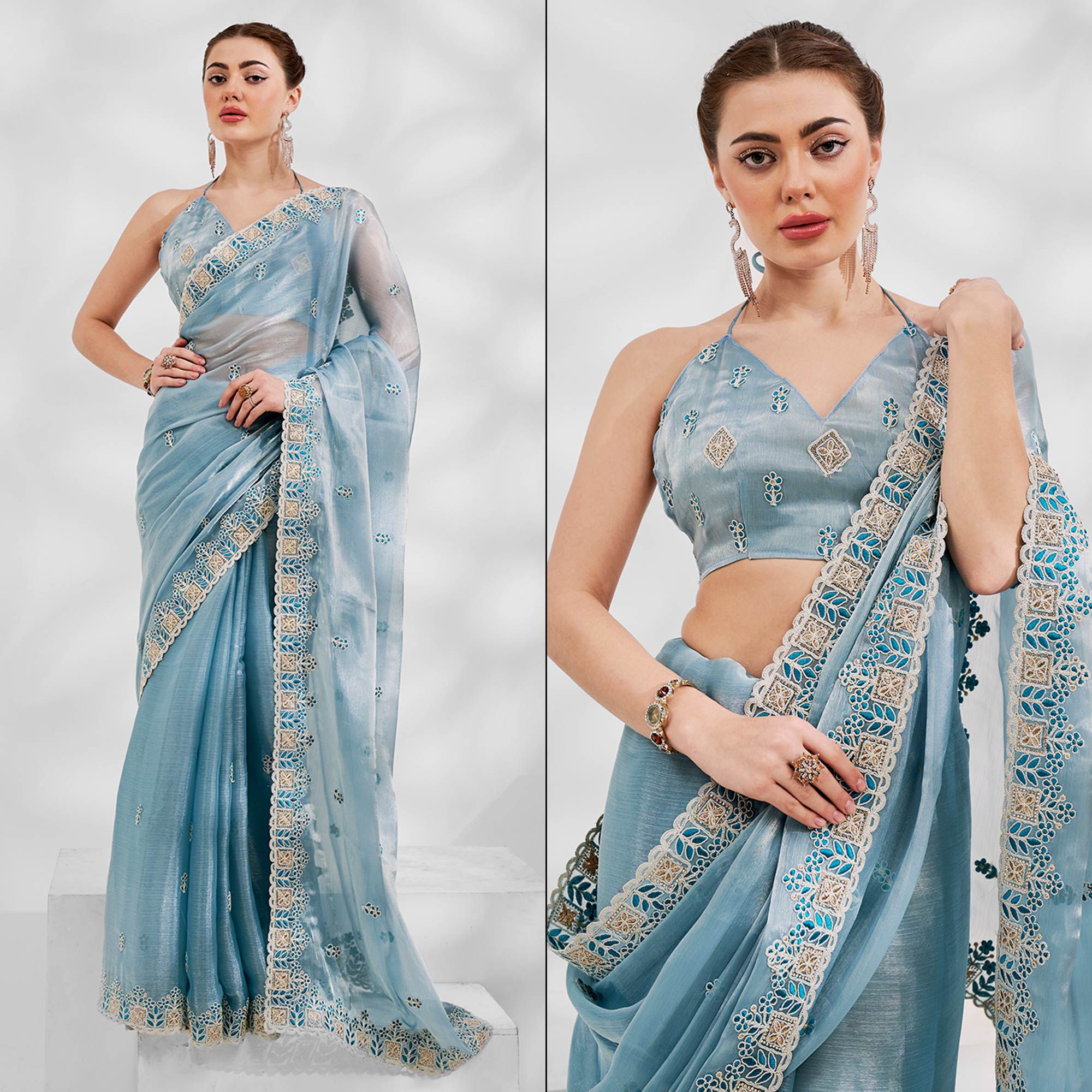 Turquoise Floral Embroidered Tissue Saree