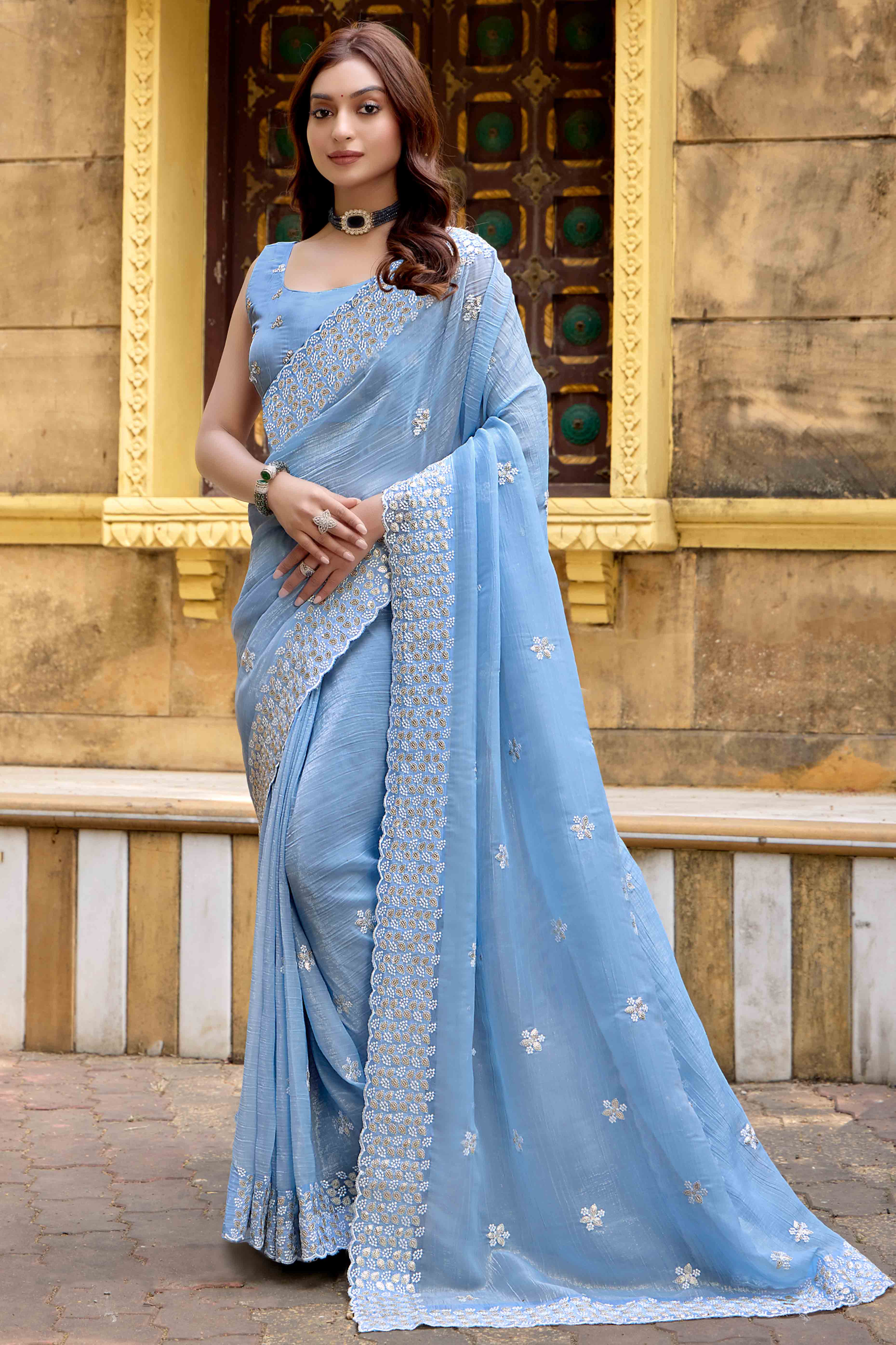 Sky Blue Floral Sequins Embroidered Chiffon Saree