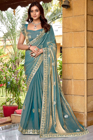 Blue & Gold Floral Gota Patti Work Satin Saree