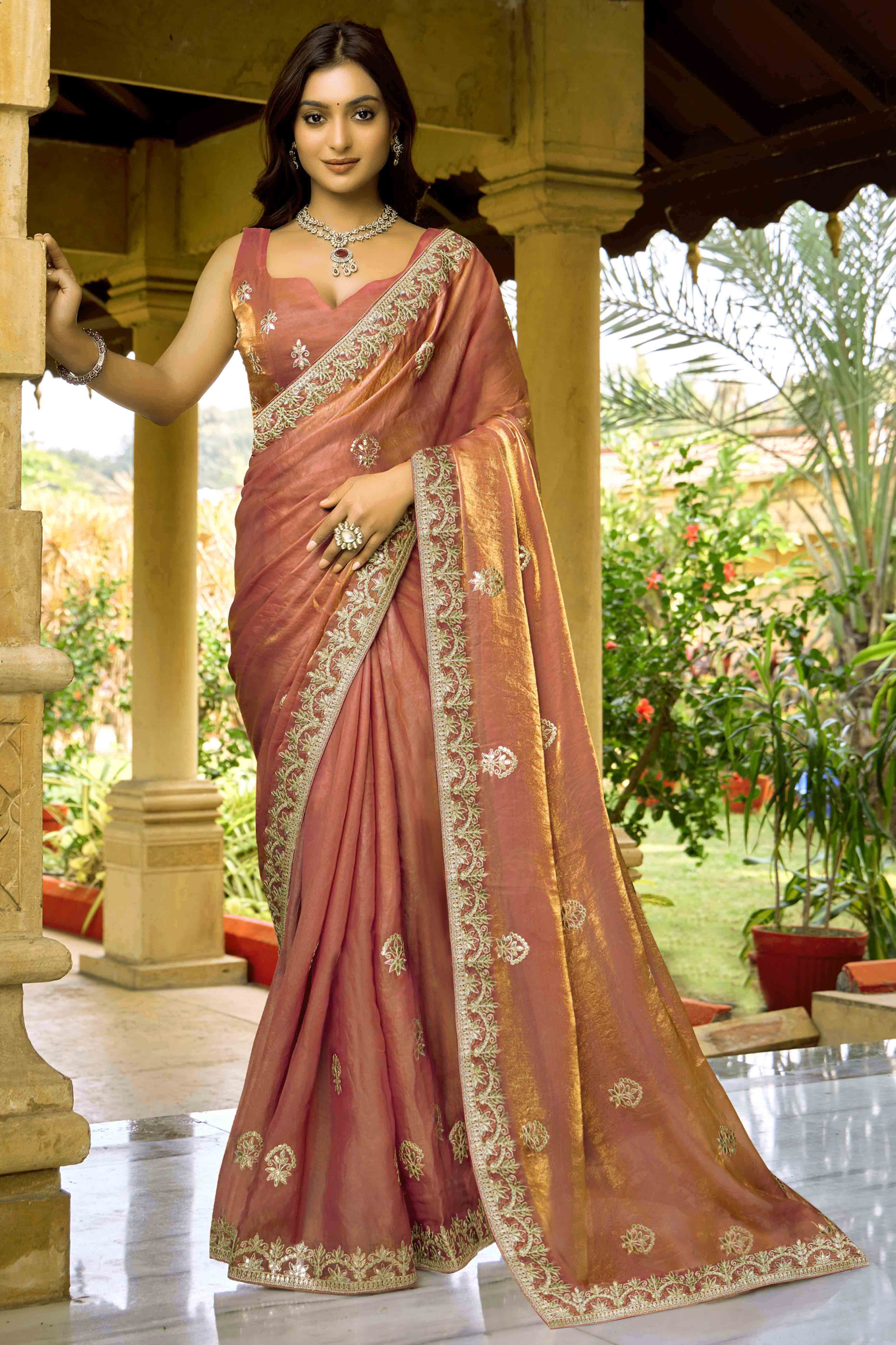 Rust & Gold Floral Gota Patti Work Satin Saree