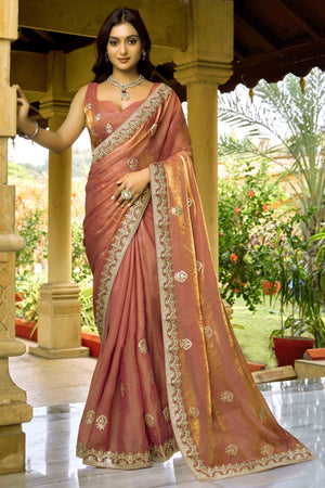 Rust & Gold Floral Gota Patti Work Satin Saree