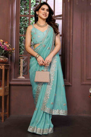 Turquoise Crunchy Saree With Enchanting Floral Gota Patti Work