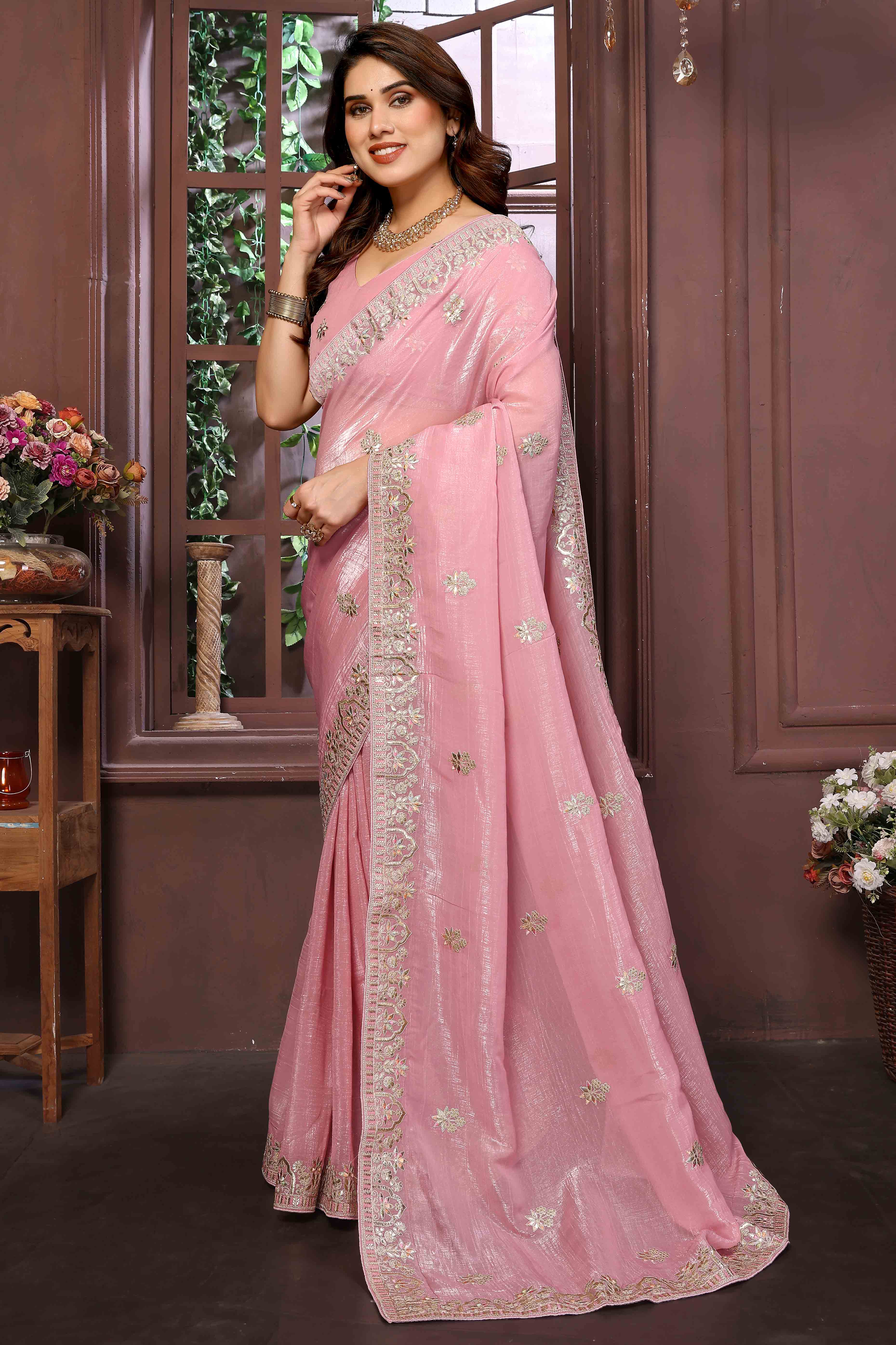 Baby Pink Crunchy Saree With Enchanting Floral Gota Patti Work