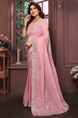 Baby Pink Crunchy Saree With Enchanting Floral Gota Patti Work