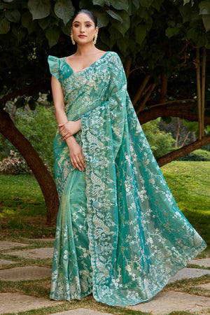 Rama Green Floral Embroidered Organza Net Saree