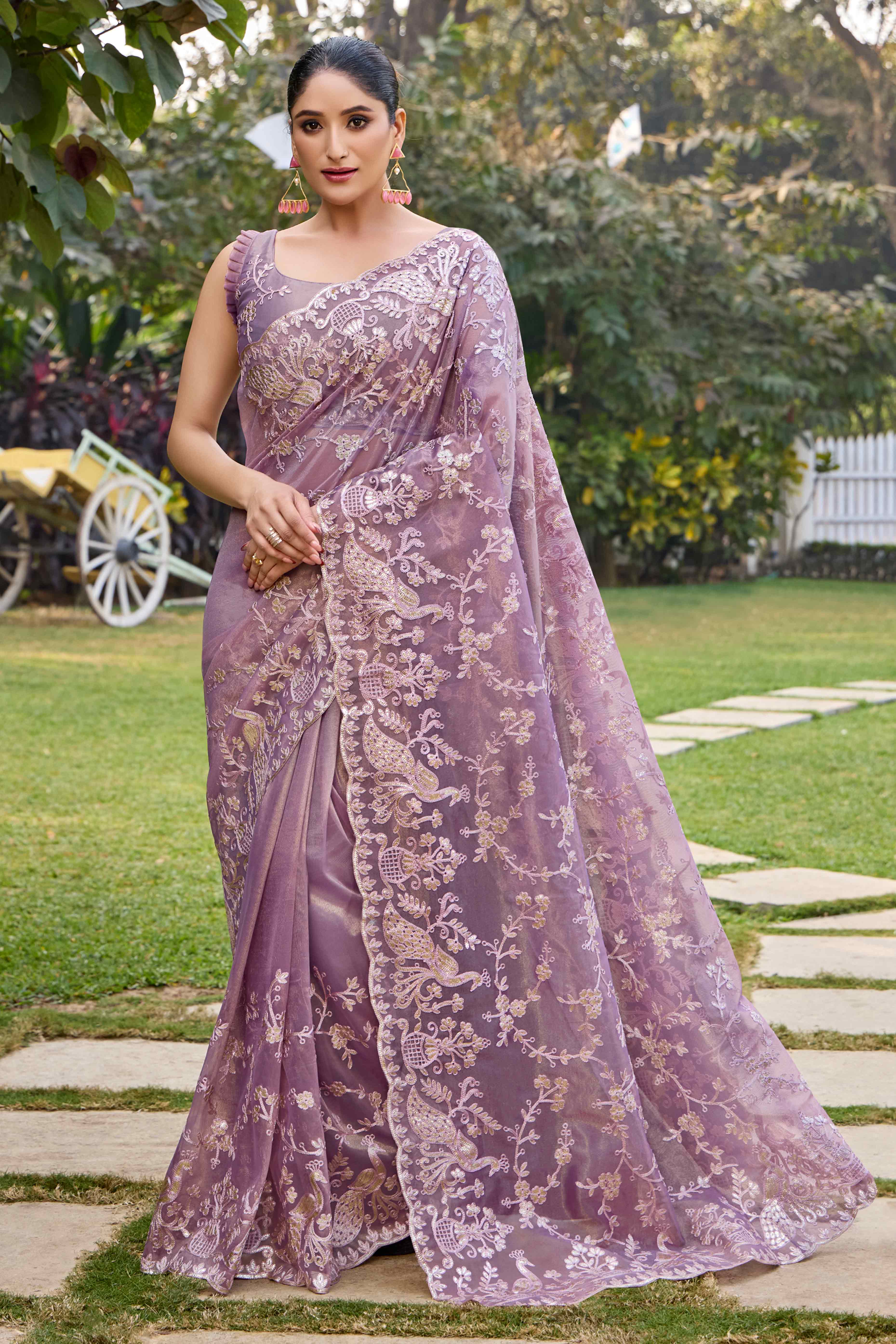 Purple Floral Embroidered Organza Net Saree