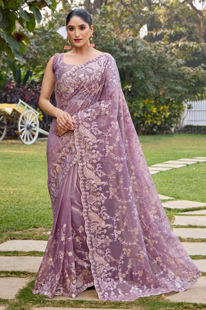 Purple Floral Embroidered Organza Net Saree
