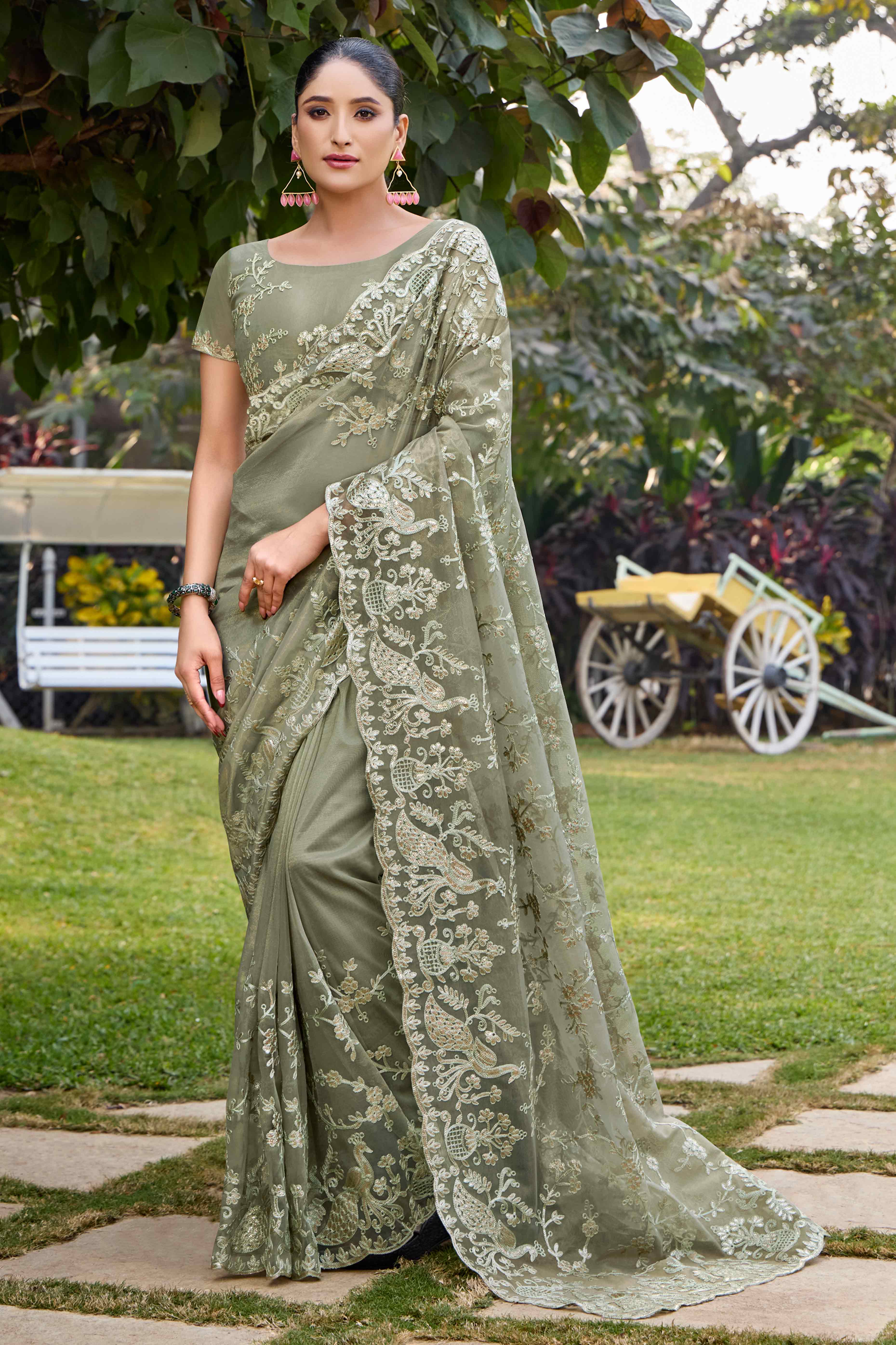 Green Floral Embroidered Organza Net Saree