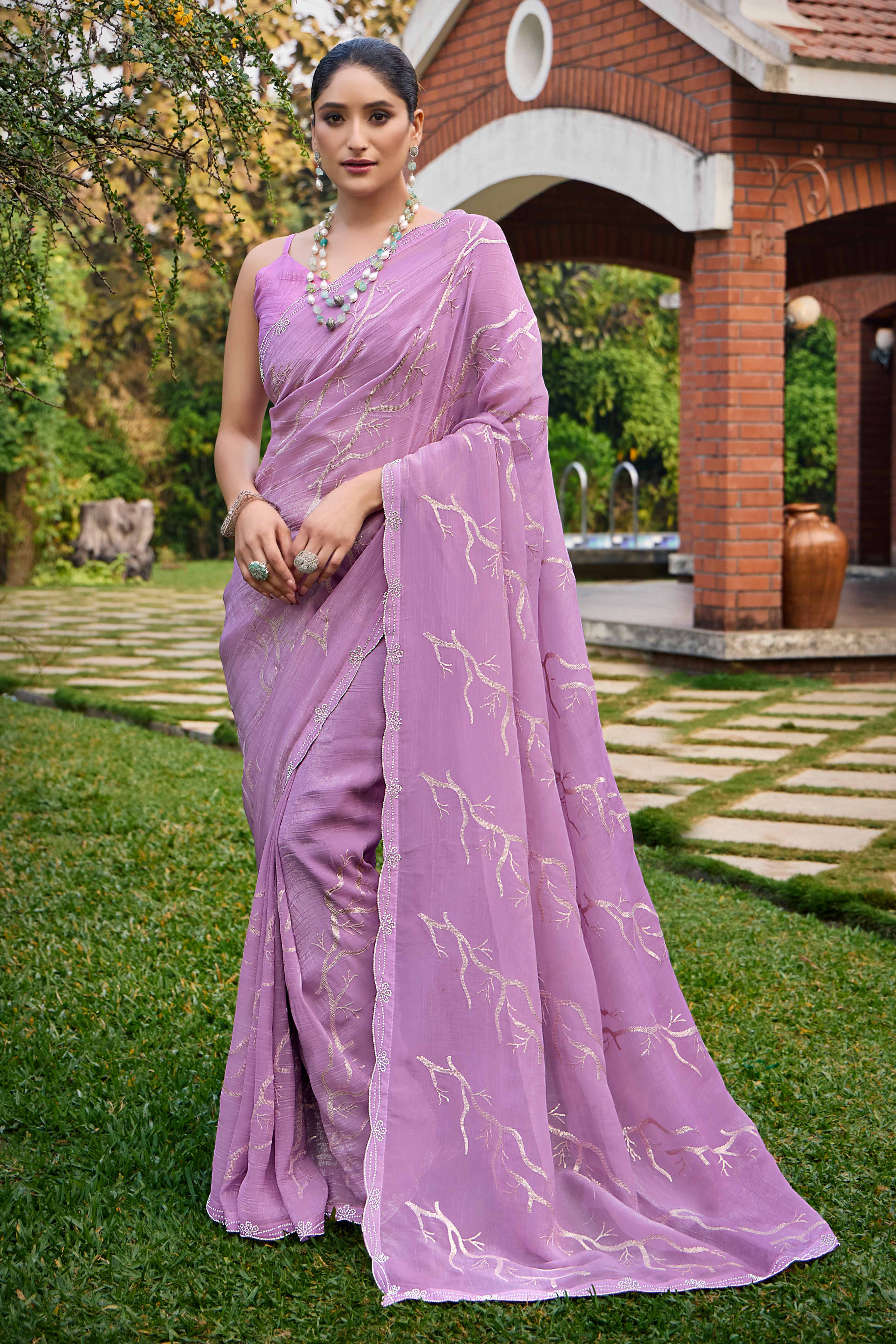 Light Purple Sequins With Zarkan Work Chiffon Saree