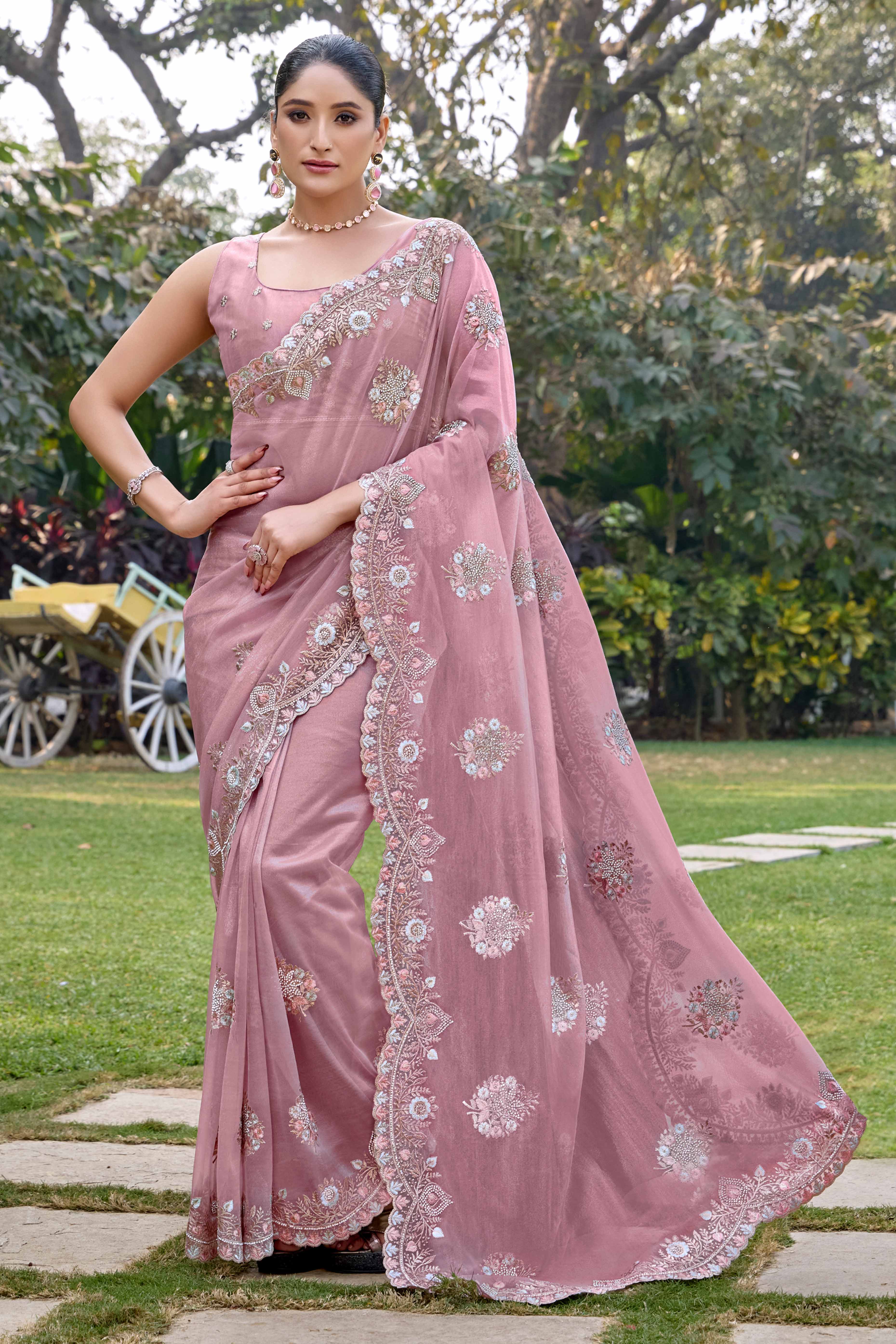 Onion Pink Floral Embroidery With Zarkan Organza Net Saree
