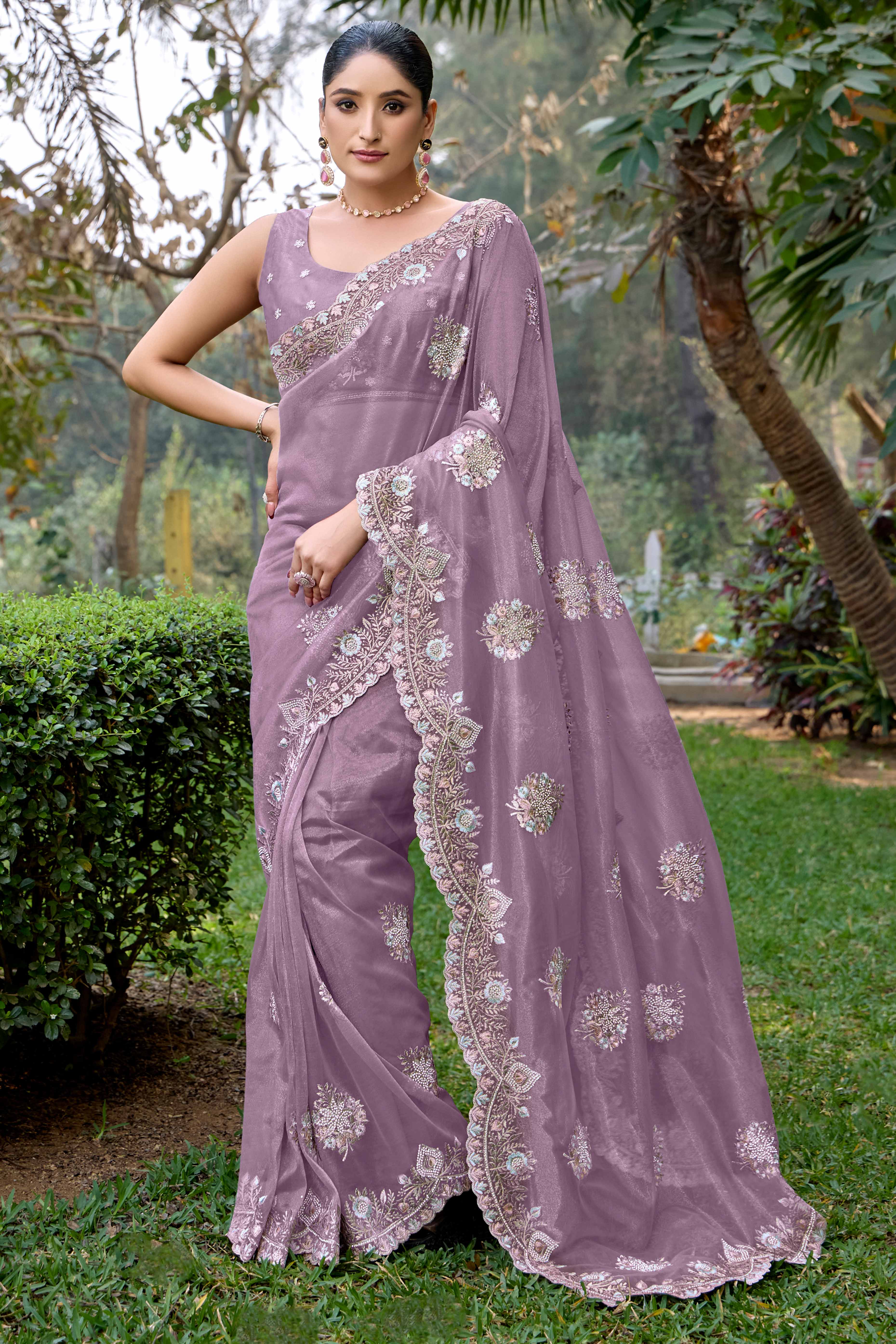 Lavender Floral Embroidery With Zarkan Organza Net Saree