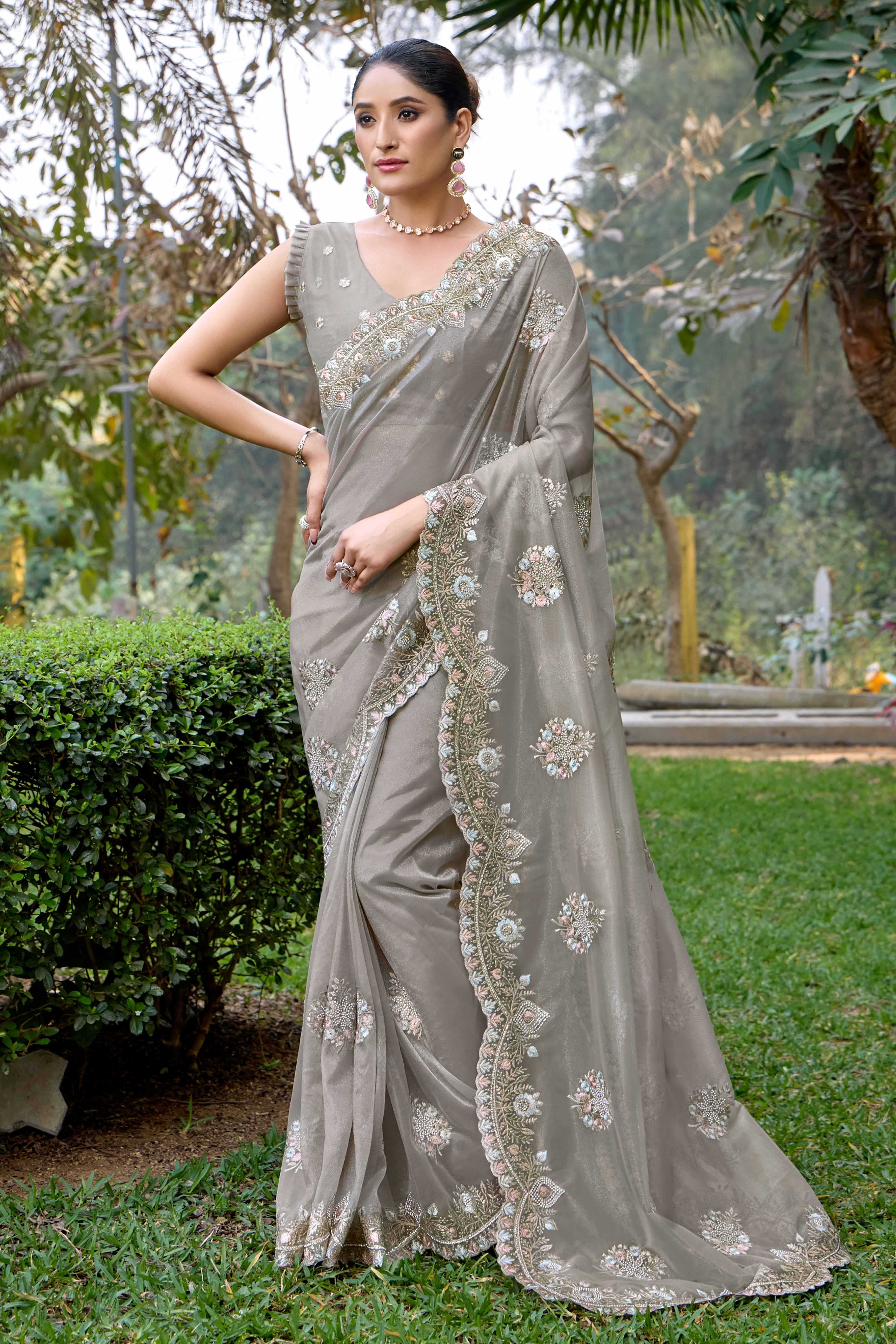Grey Floral Embroidery With Zarkan Organza Net Saree