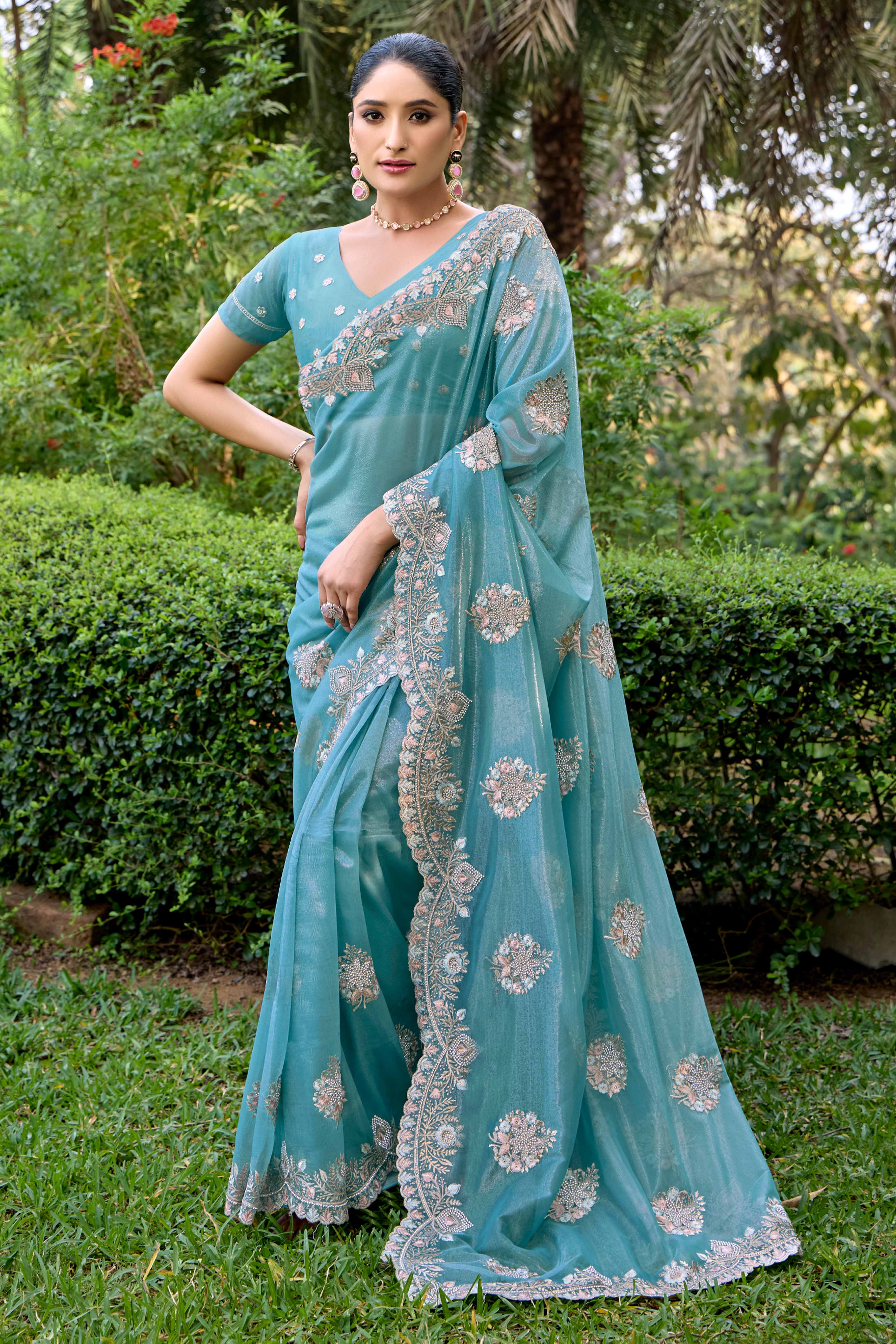 Blue Floral Embroidery With Zarkan Organza Net Saree
