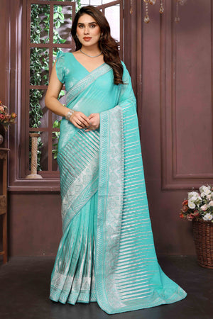 Swarovski Work Saree In Turquoise With Delicate Floral Zari Border