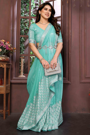 Turquoise Crunchy Saree With Swarovski Sparkle & Floral Zari Grace
