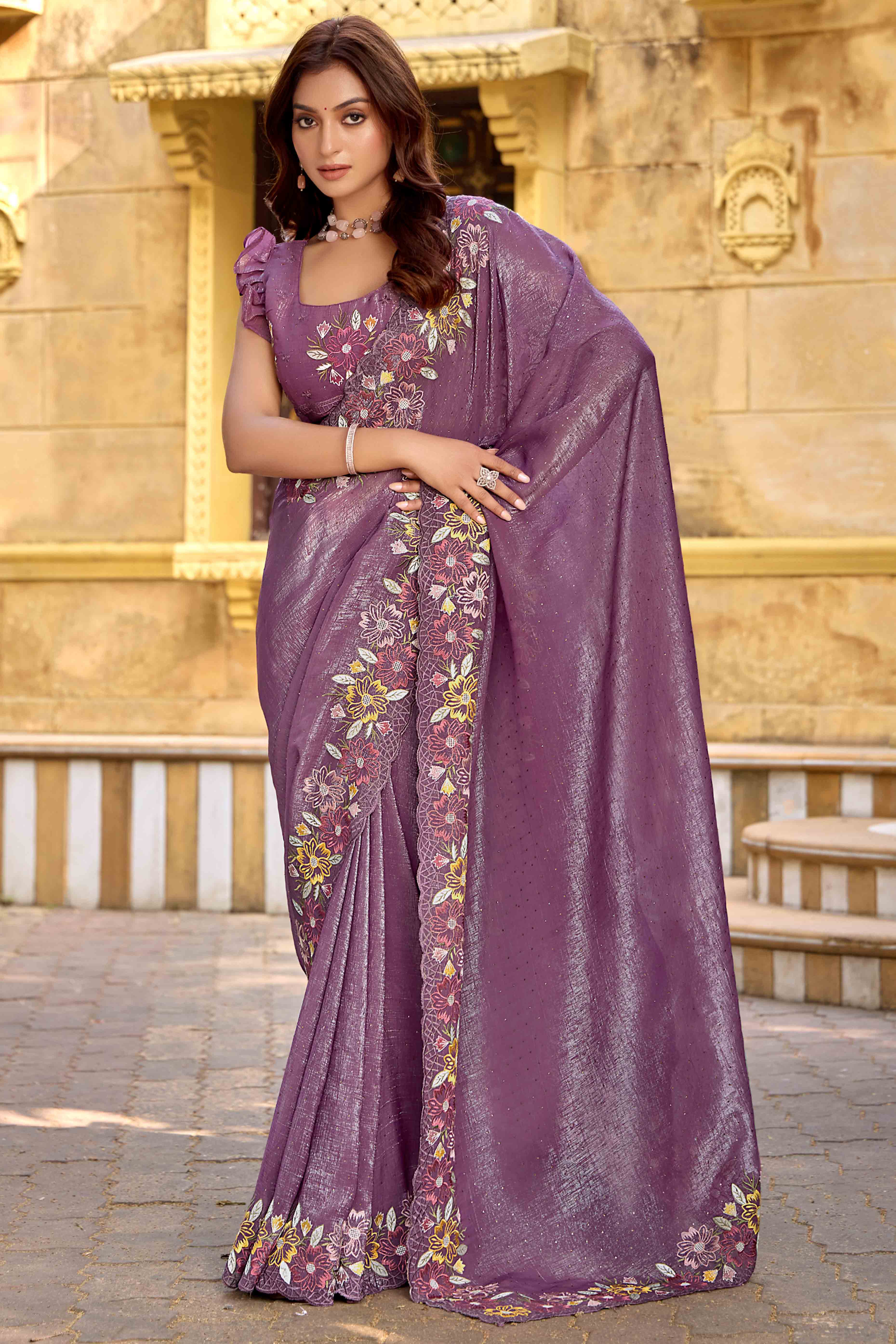 Purple Floral Embroidered With Swarovski Work Chiffon Saree