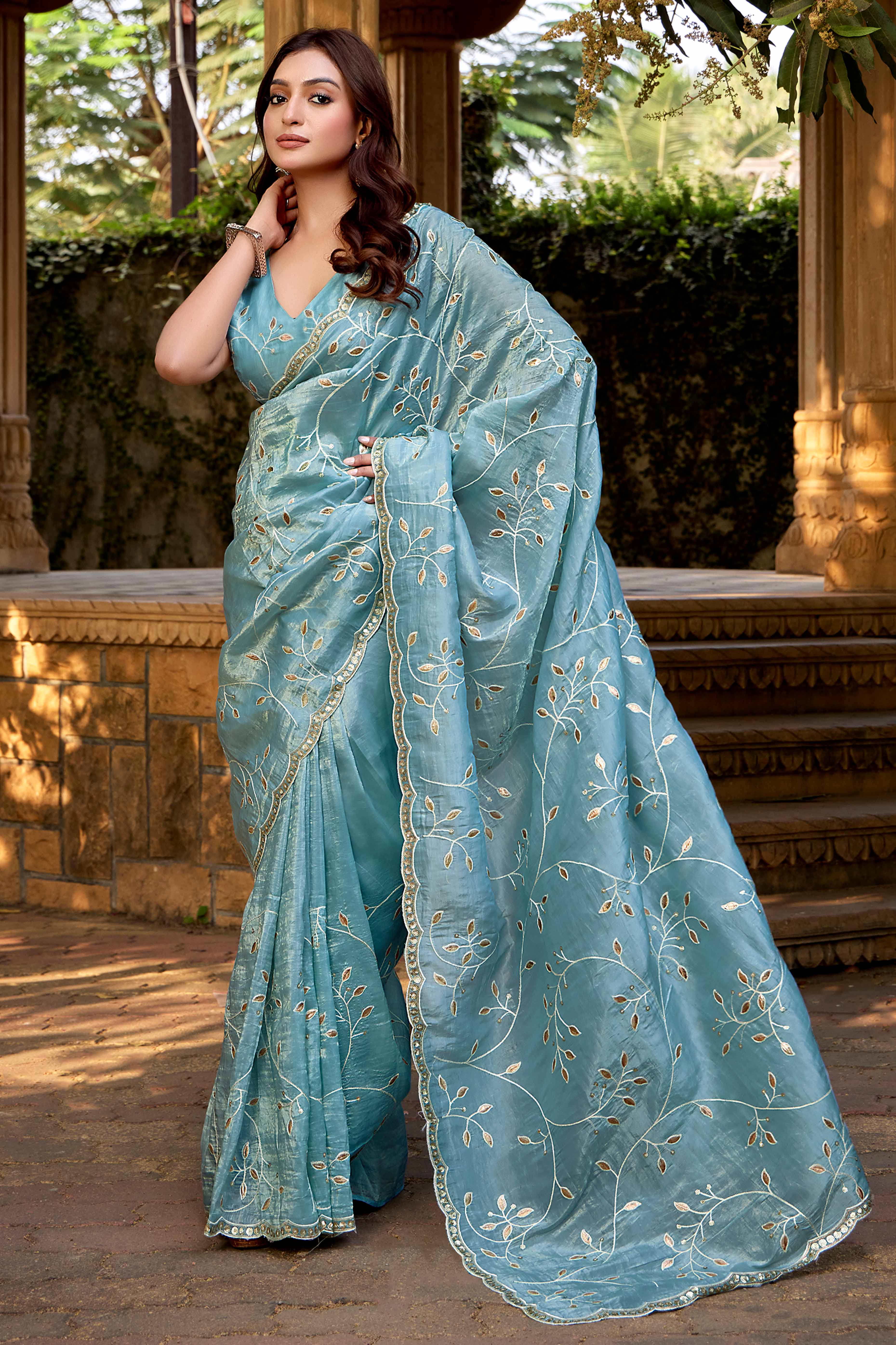 Blue Floral Sequins Embroidery With Gota Patti Work Paper Silk Saree
