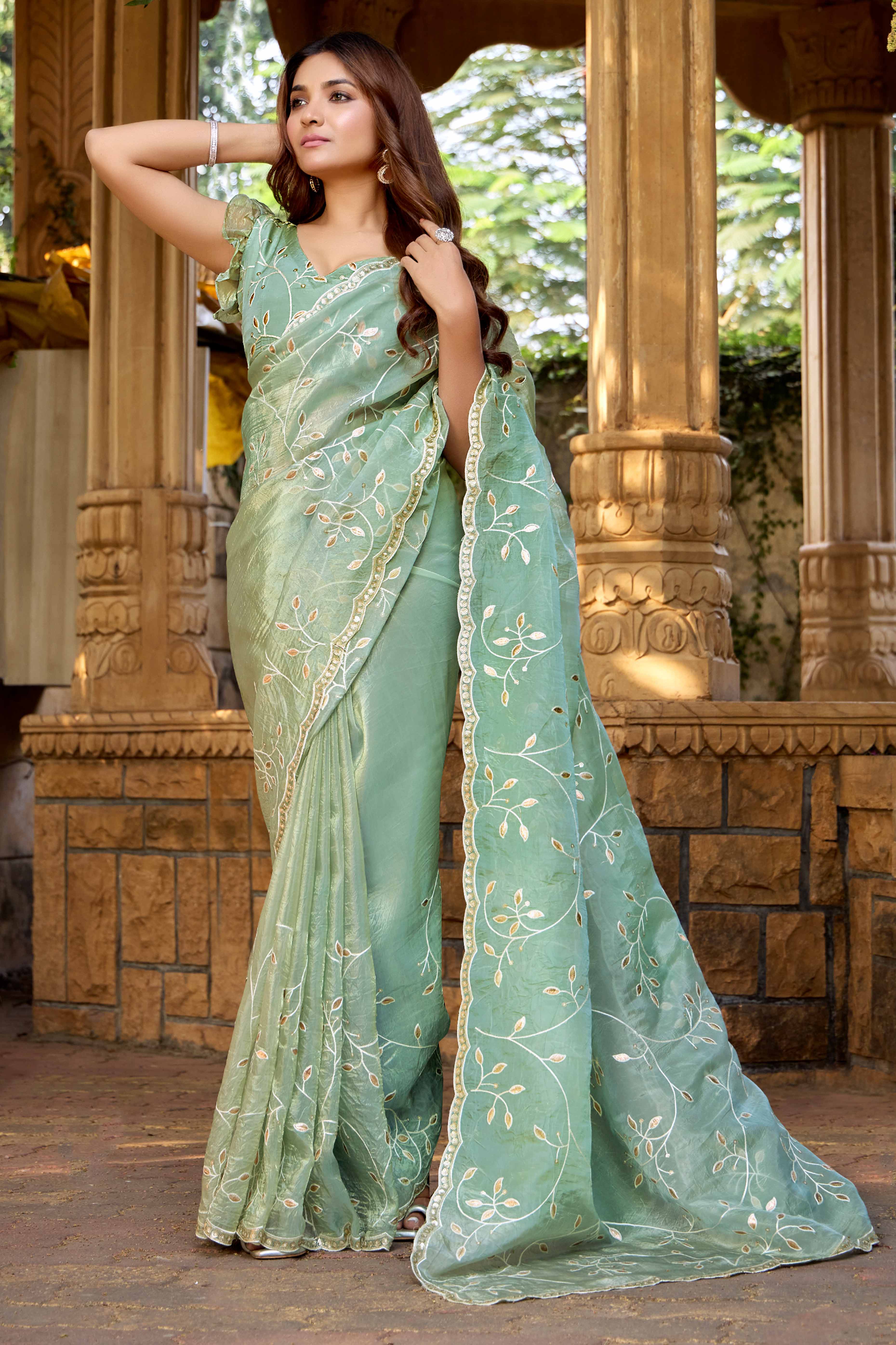 Green Floral Sequins Embroidery With Gota Patti Work Paper Silk Saree