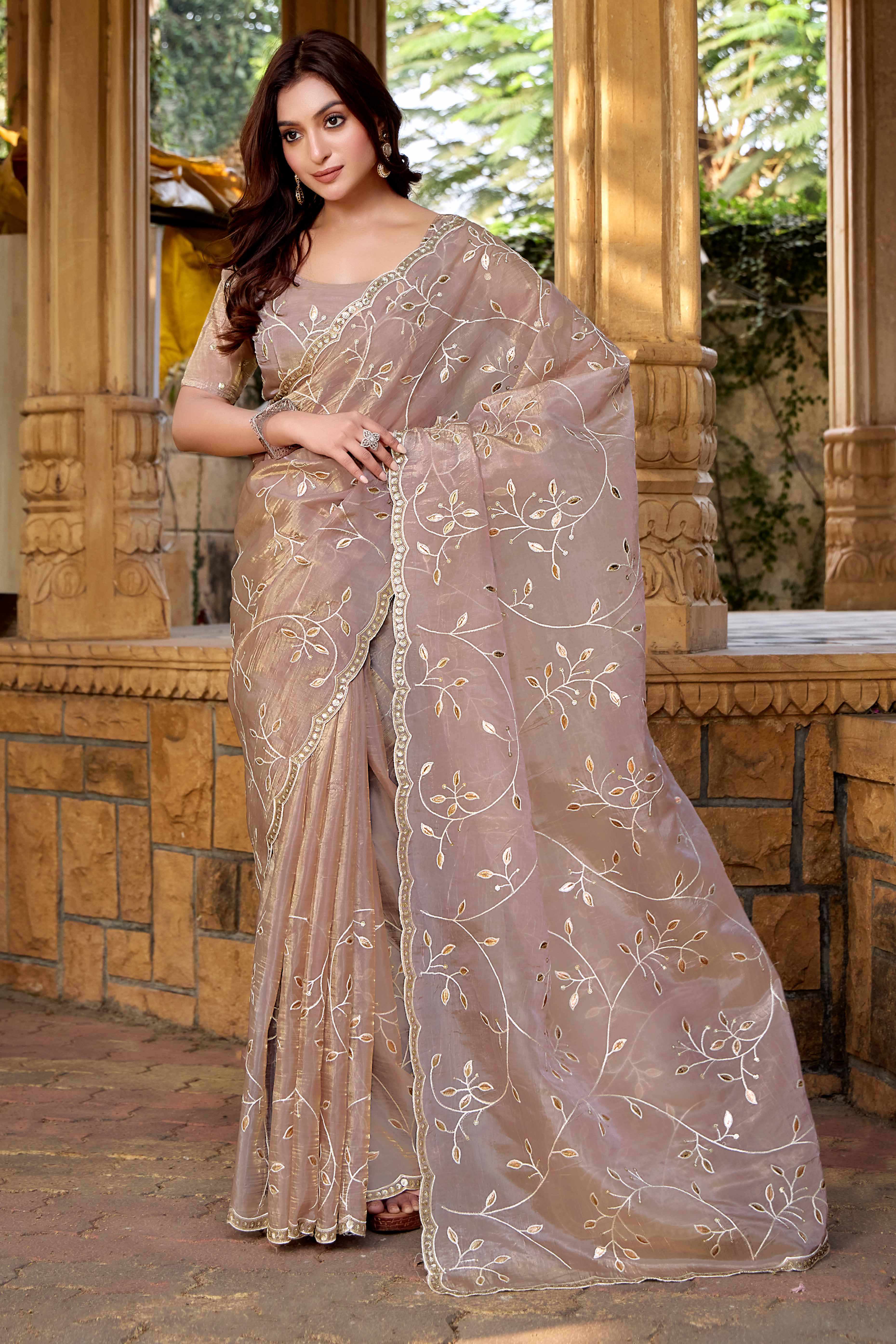 Chikoo Floral Sequins Embroidery With Gota Patti Work Paper Silk Saree