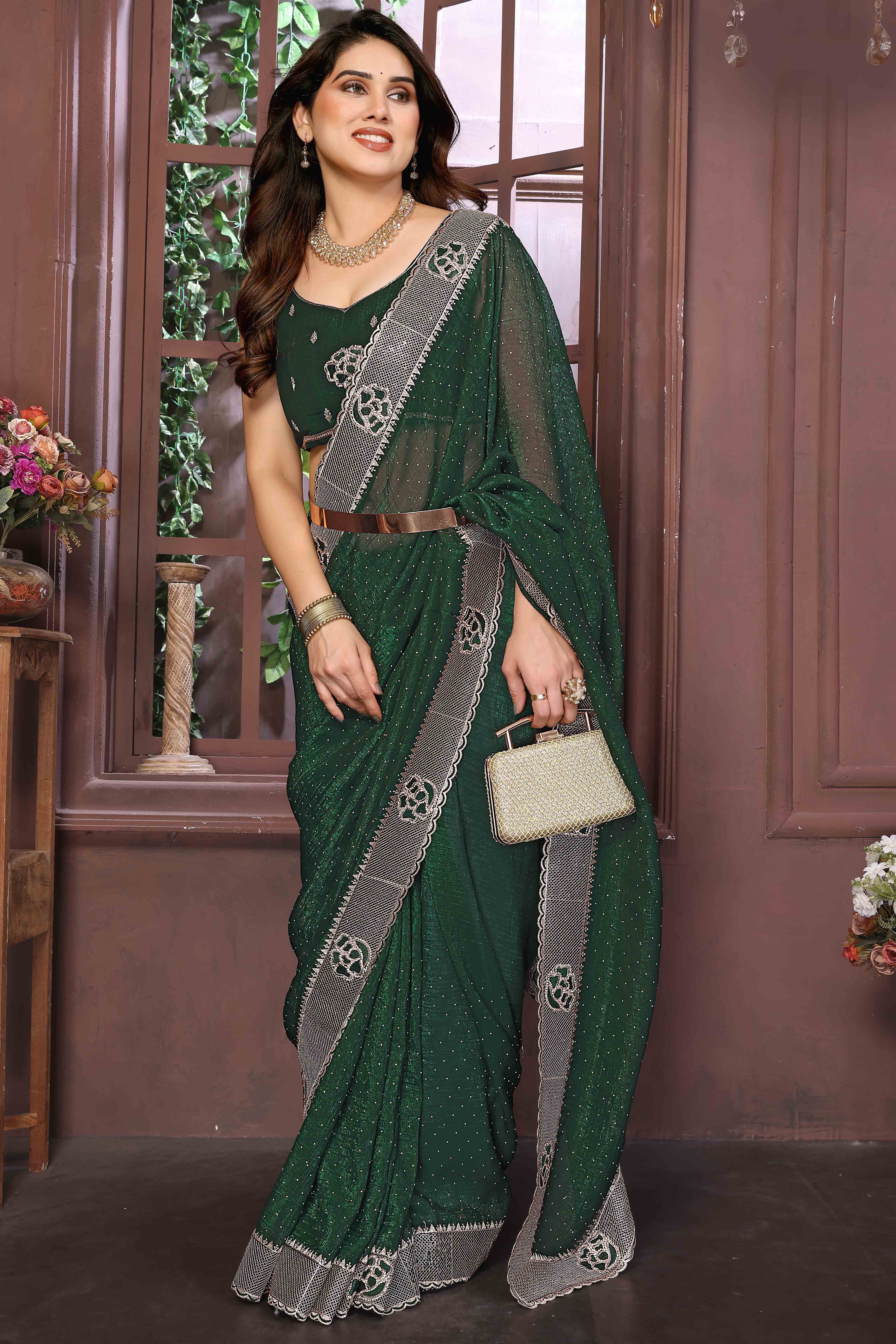Green Crunchy Saree Adorned With Swarovski Sparkle & Floral Zari Elegance