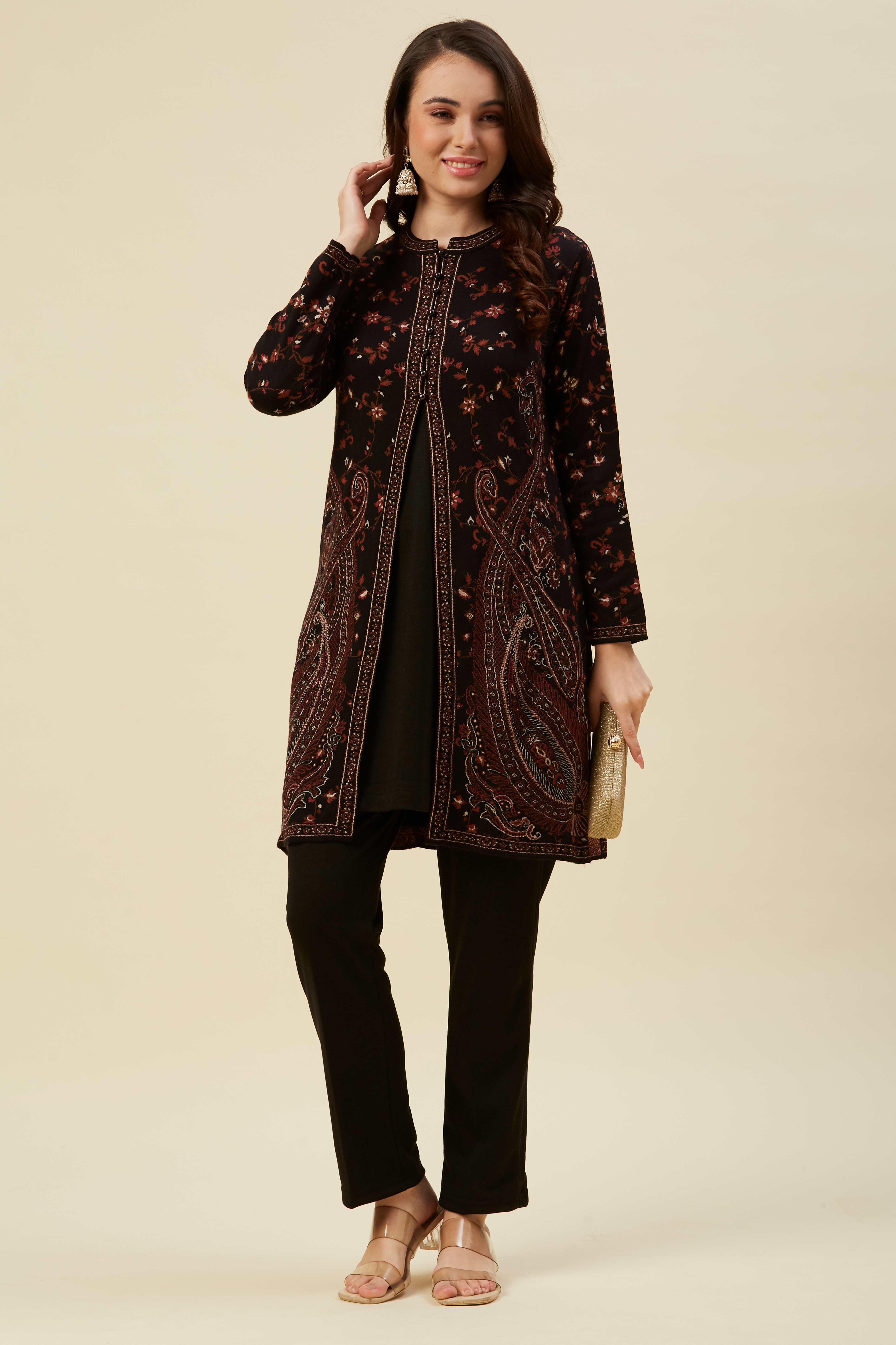 Black Woven Woolen Front Split Top Bottom Set