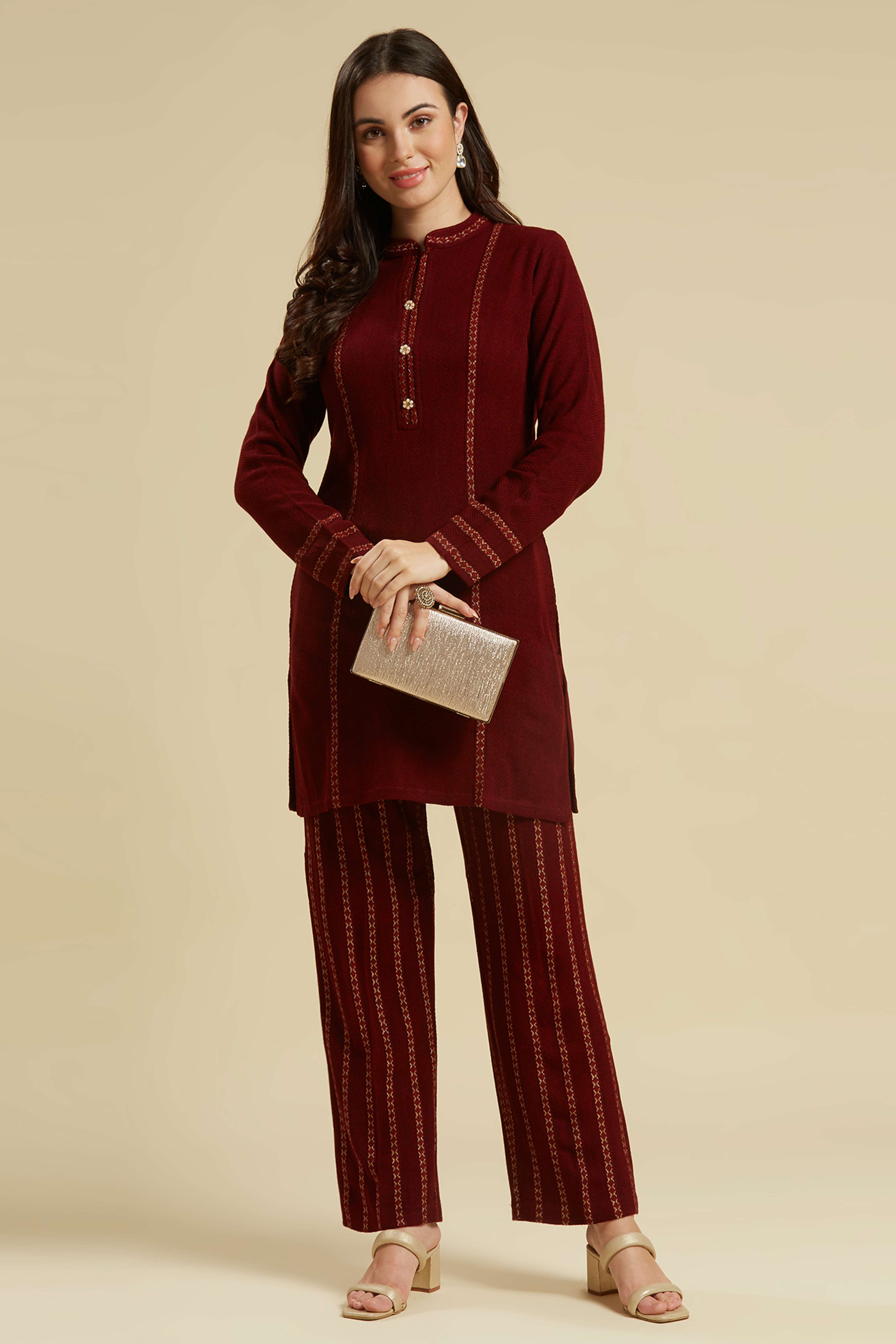 Maroon Woven Woolen Straight Top Bottom Set