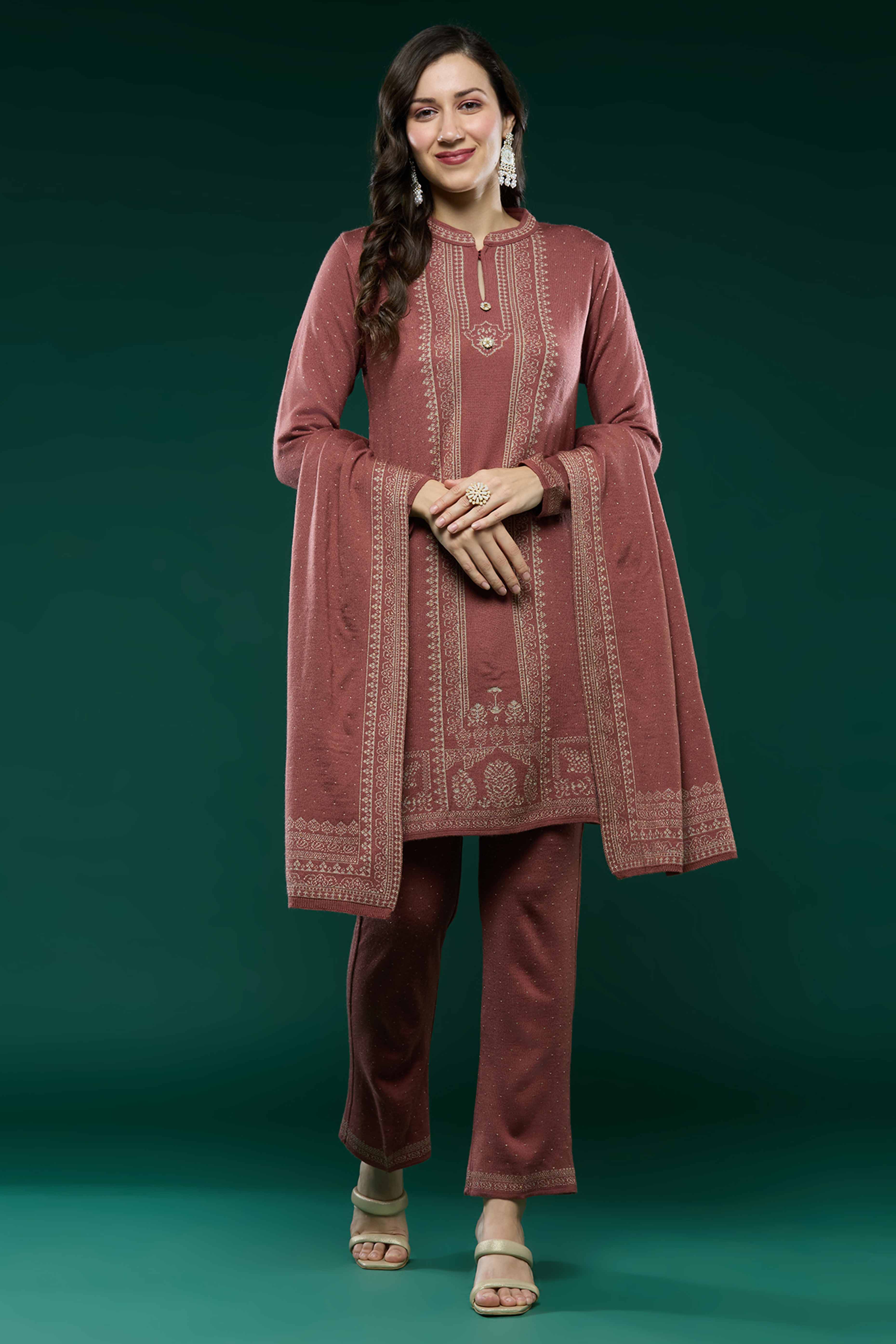 Mauve Woven Woolen Straight Salwar Suit