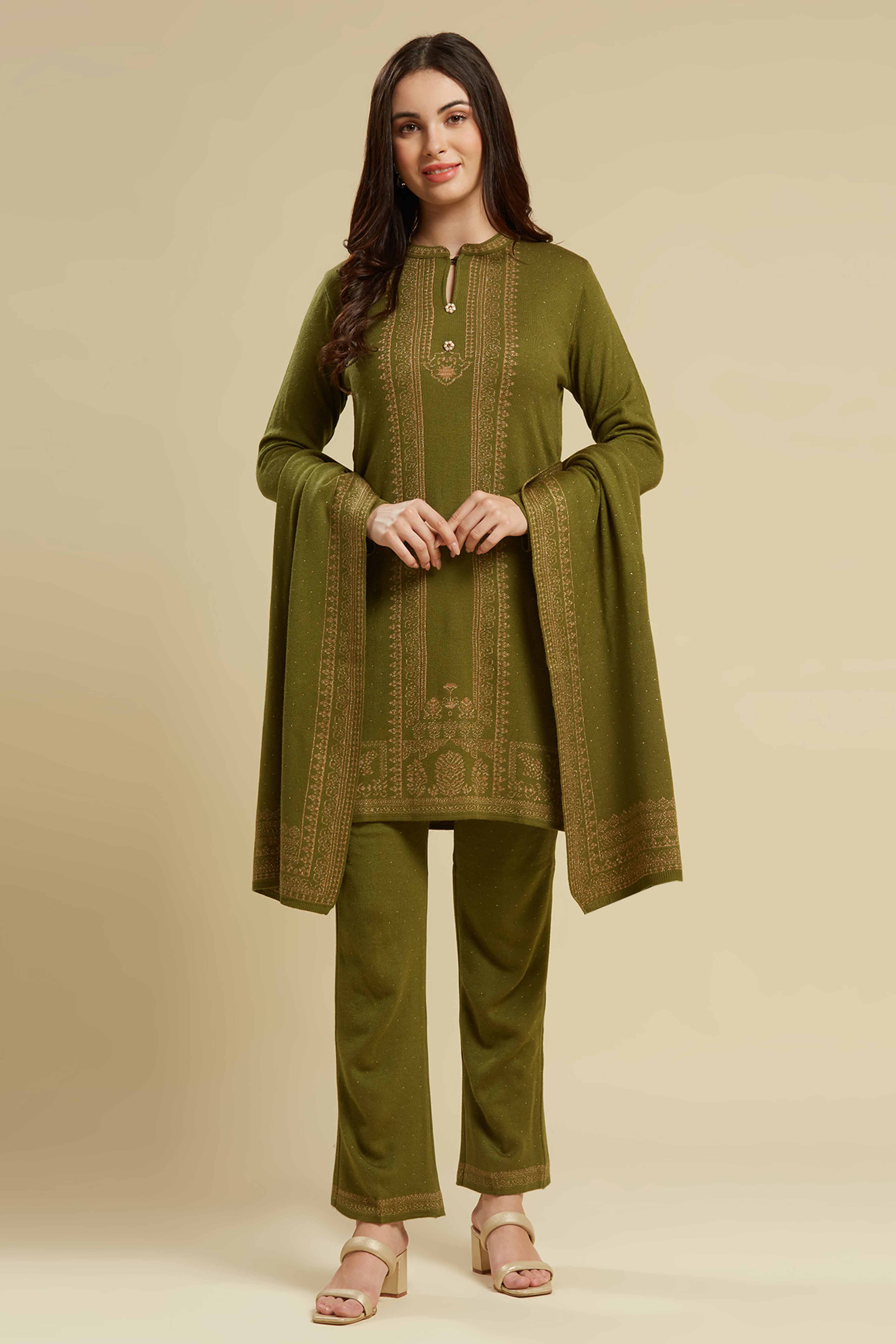 Olive Woven Woolen Straight Salwar Suit