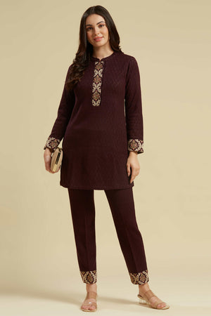 Wine Woven Woolen Straight Top Bottom Set